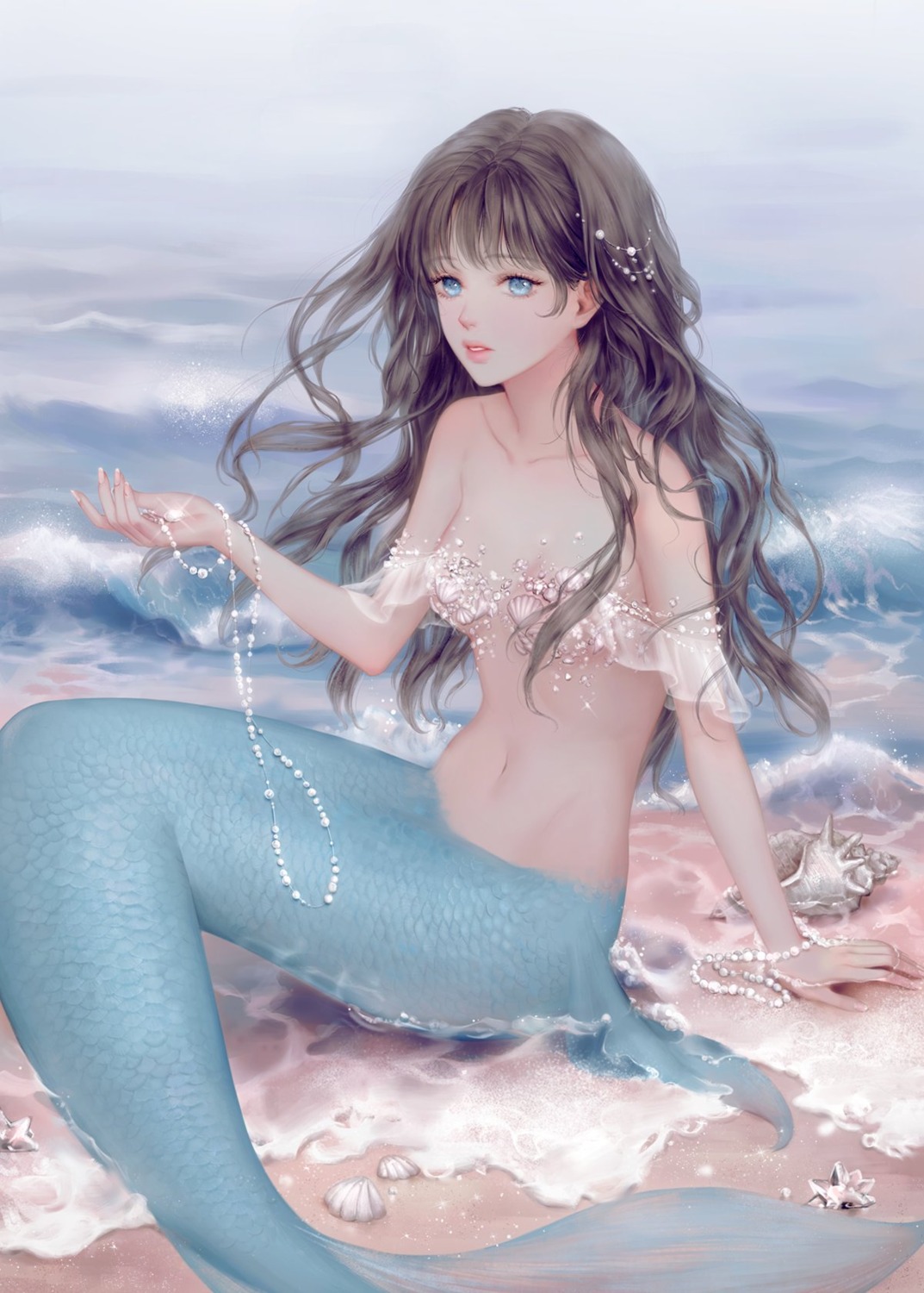 lafine mermaid monster_girl no_bra tail wet