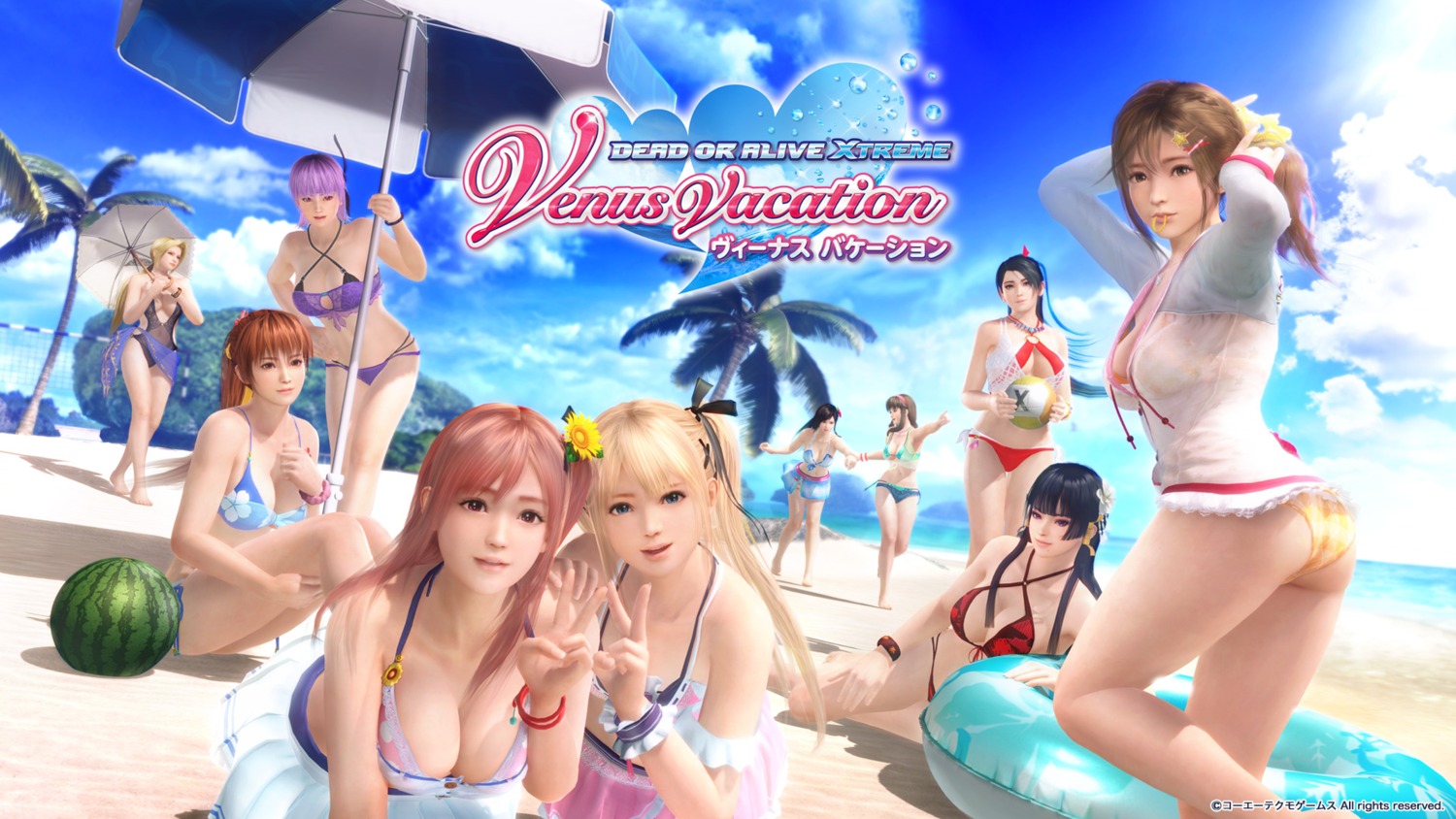 ass ayane_(doa) bikini cg cleavage dead_or_alive dead_or_alive_xtreme_venus_vacation helena_douglas hitomi honoka_(doa) kasumi koei_tecmo kokoro marie_rose misaki_(doa) momiji_(ninja_gaiden) nyotengu open_shirt swimsuits umbrella wallpaper