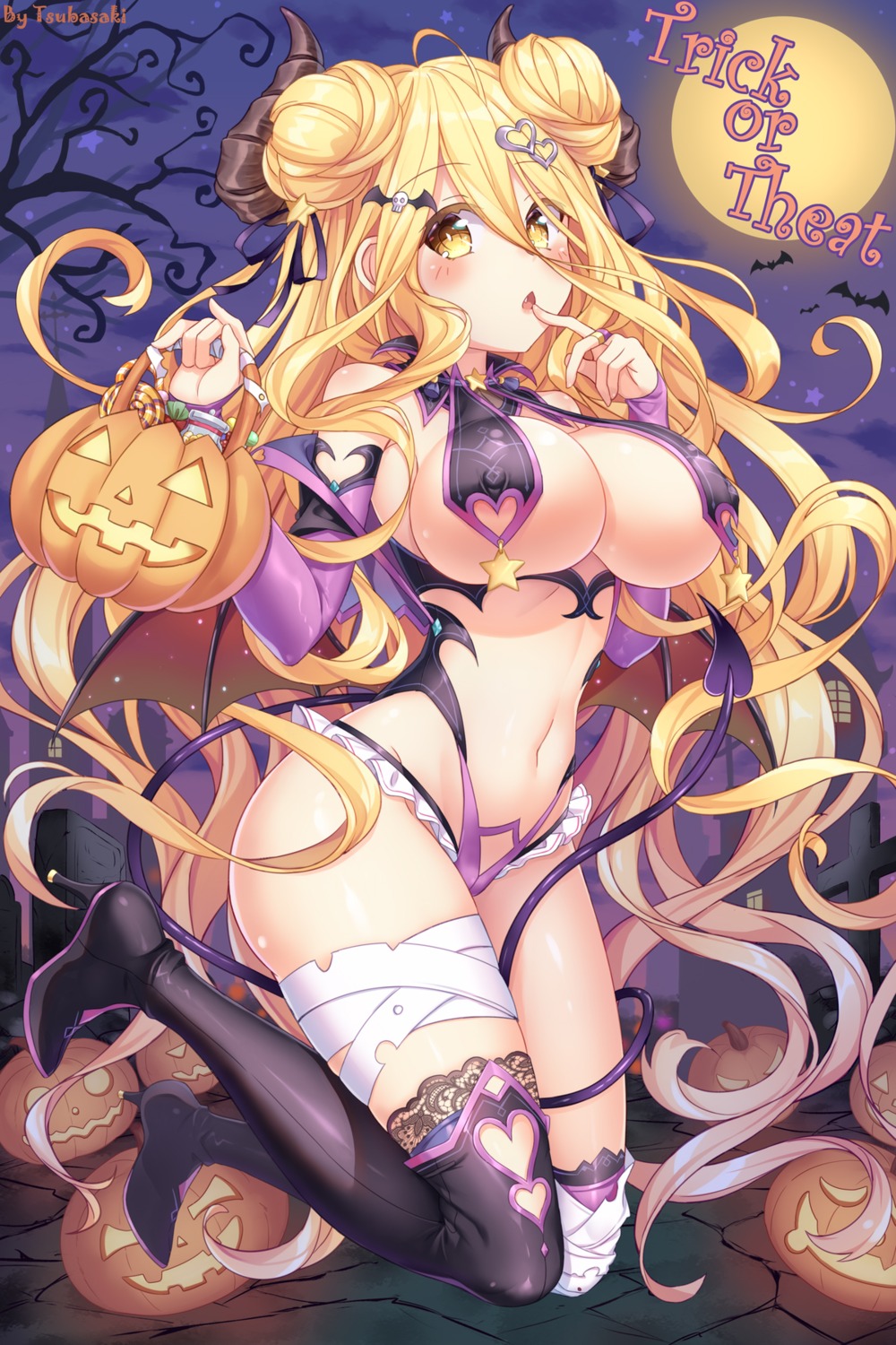 bandages date_a_live erect_nipples halloween heels horns hoshimiya_mukuro no_bra tail thighhighs tsubasaki