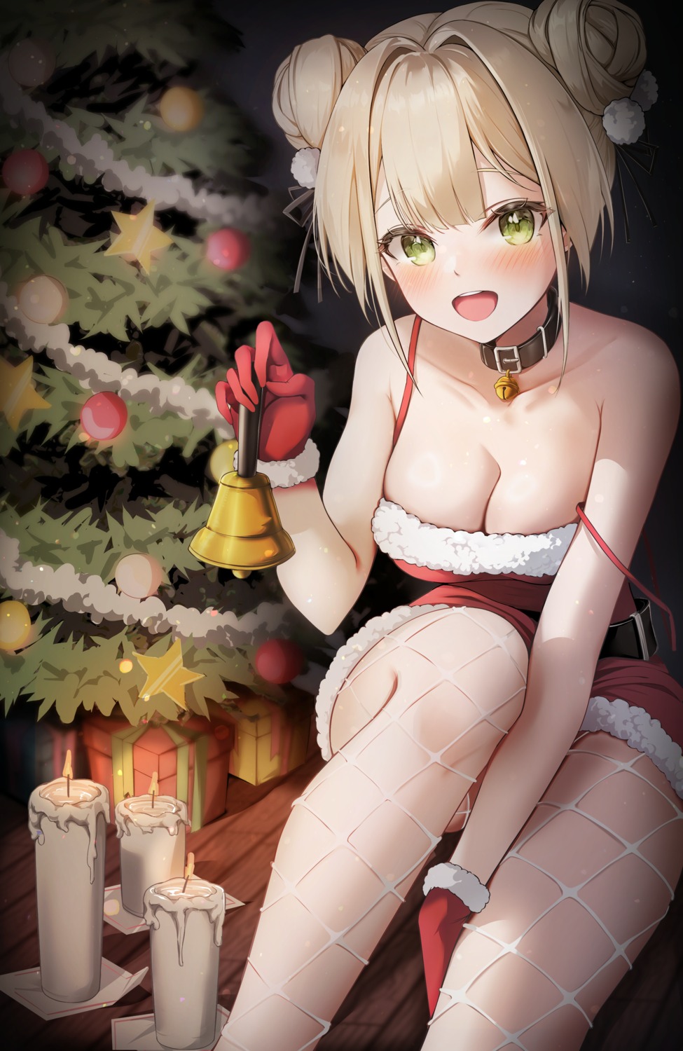 christmas dress fishnets hooming_illust no_bra pantyhose