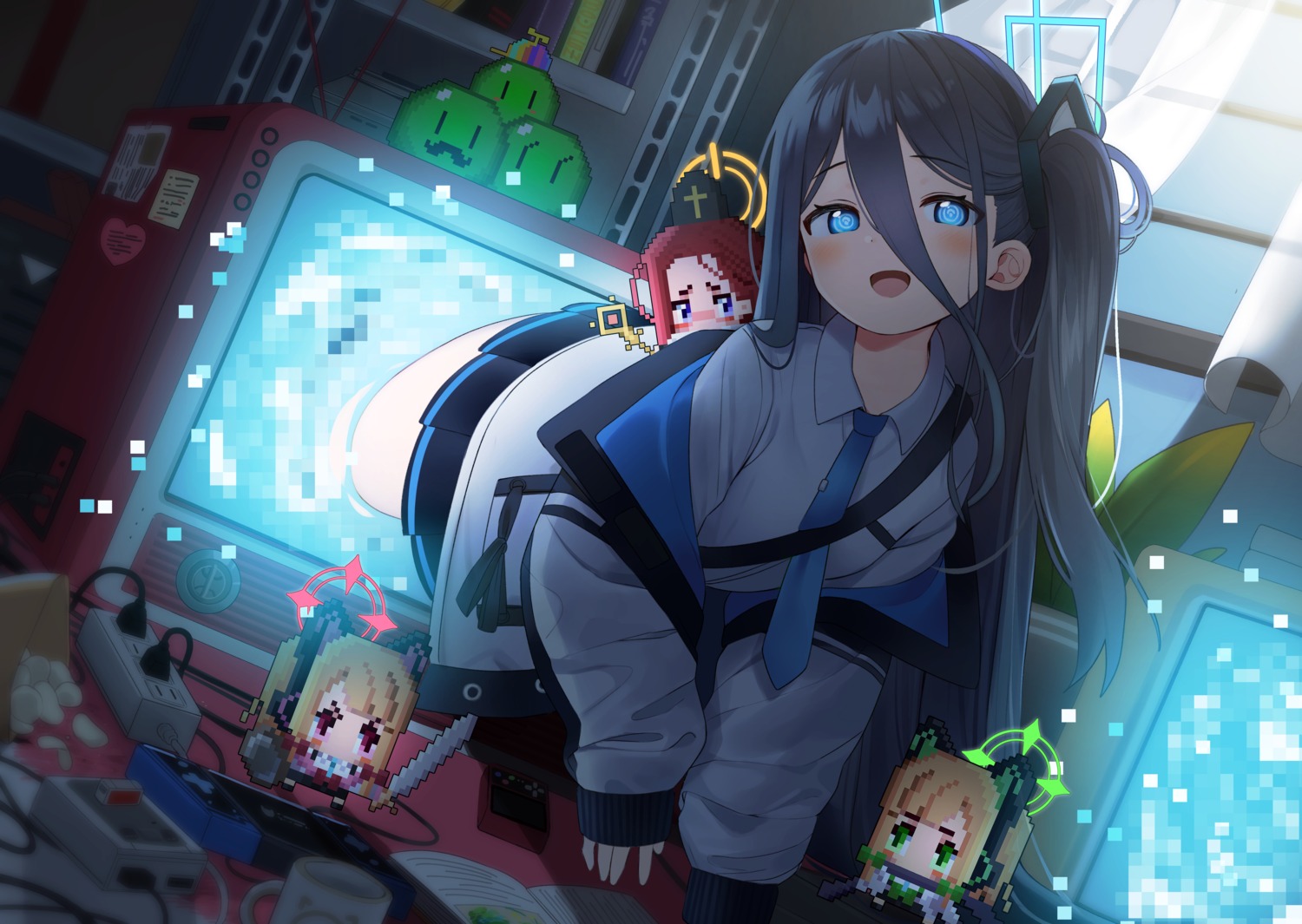 animal_ears blue_archive chibi halo headphones meettheton nekomimi seifuku sword tendou_arisu