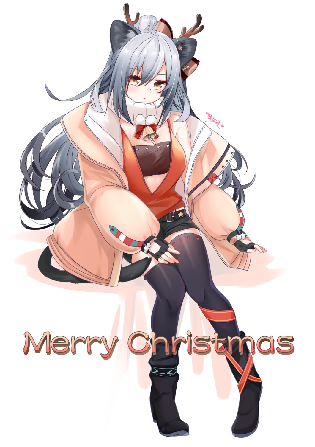 animal_ears arknights christmas horns lanelise schwarz_(arknights) tail thighhighs