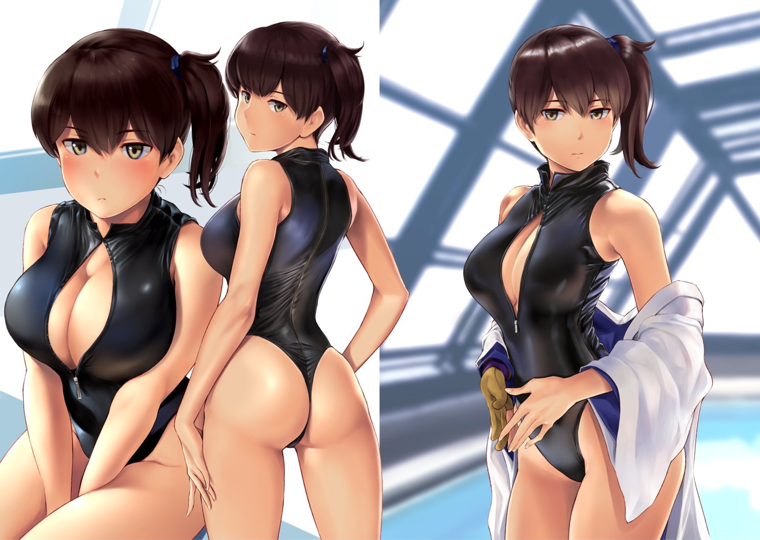 ass breast_hold cleavage kaga_(kancolle) kantai_collection open_shirt swimsuits wa_(genryusui)