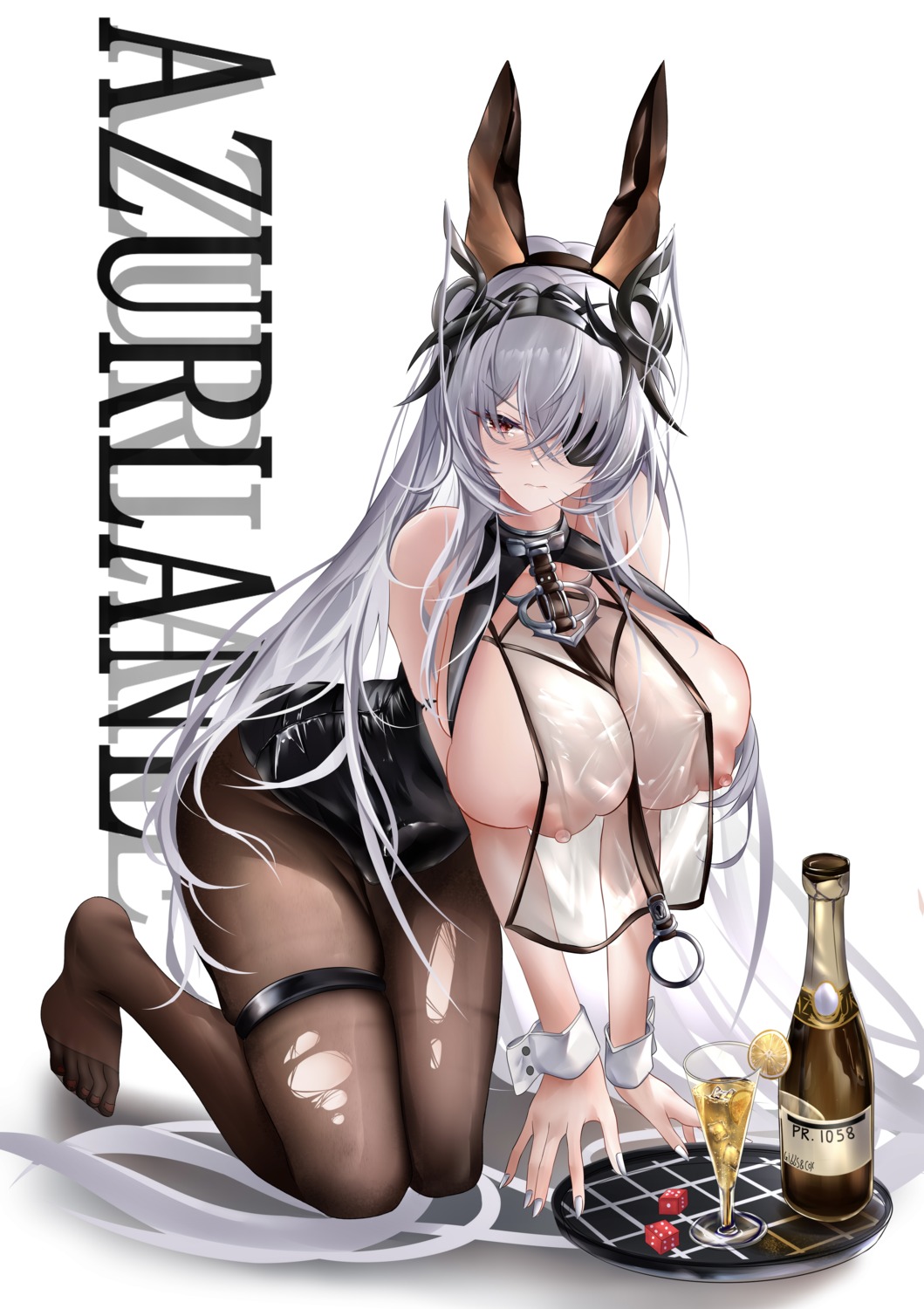 animal_ears azur_lane bunny_ears bunny_girl eyepatch fritz_rumey_(azur_lane) garter horns iue nipples no_bra pantyhose see_through torn_clothes waitress