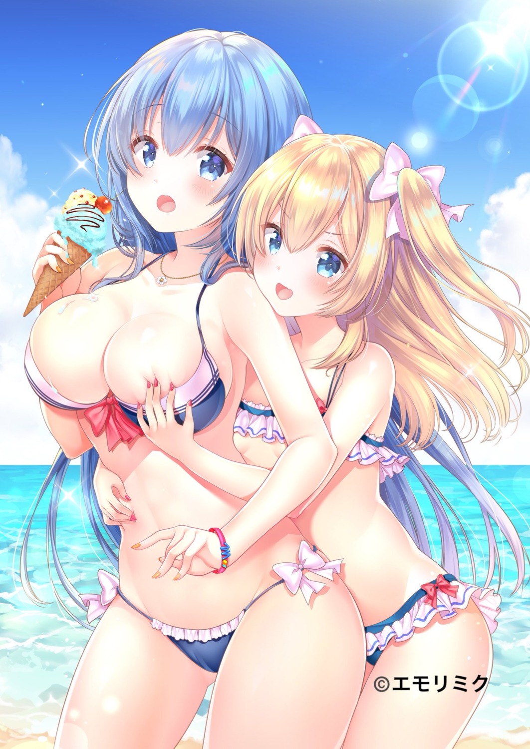 bikini breast_grab cleavage emori_el emori_miku emori_miku_project sakura_moyon swimsuits underboob wardrobe_malfunction yuri