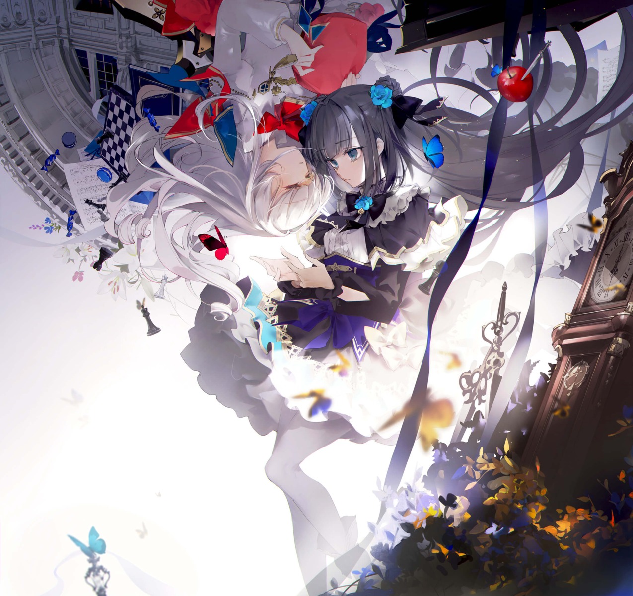 arcaea dress hikari_(arcaea) jpeg_artifacts lolita_fashion pantyhose skirt_lift tagme tairitsu_(arcaea)