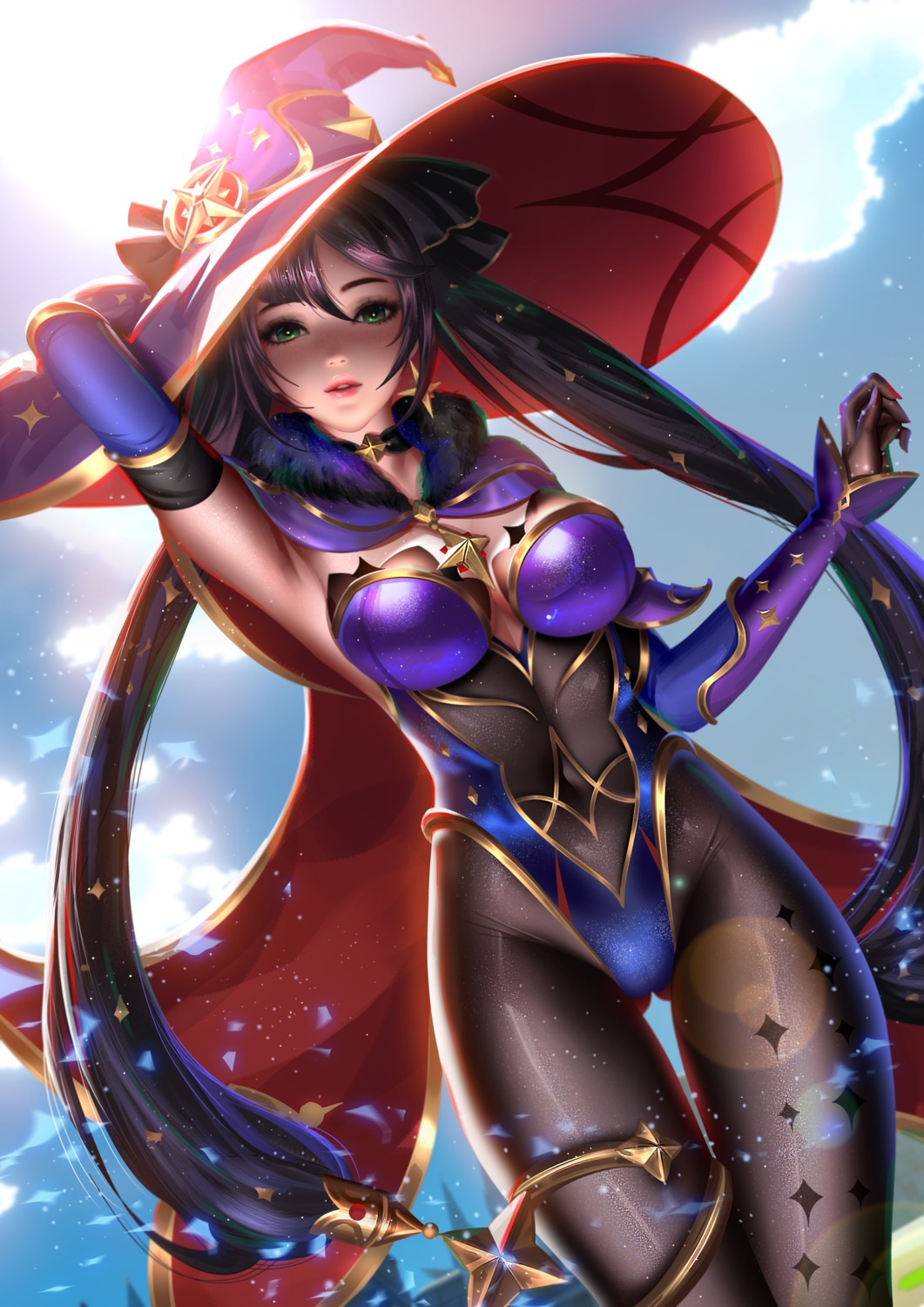 garter genshin_impact leotard liang_xing mona_megistus no_bra pantyhose witch