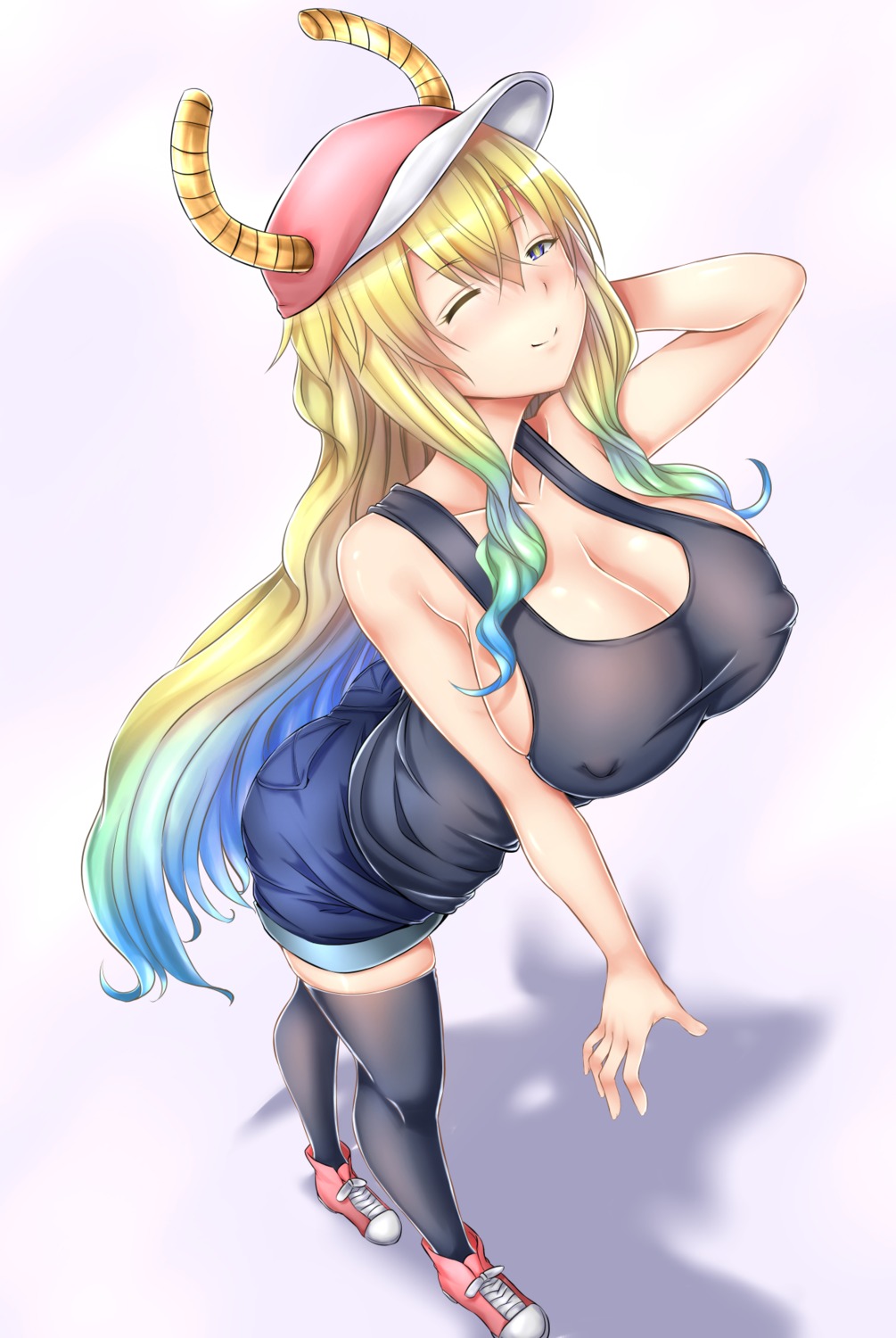 cleavage erect_nipples horns kobayashi-san_chi_no_maidragon laterrate no_bra quetzalcoatl_(maidragon) thighhighs