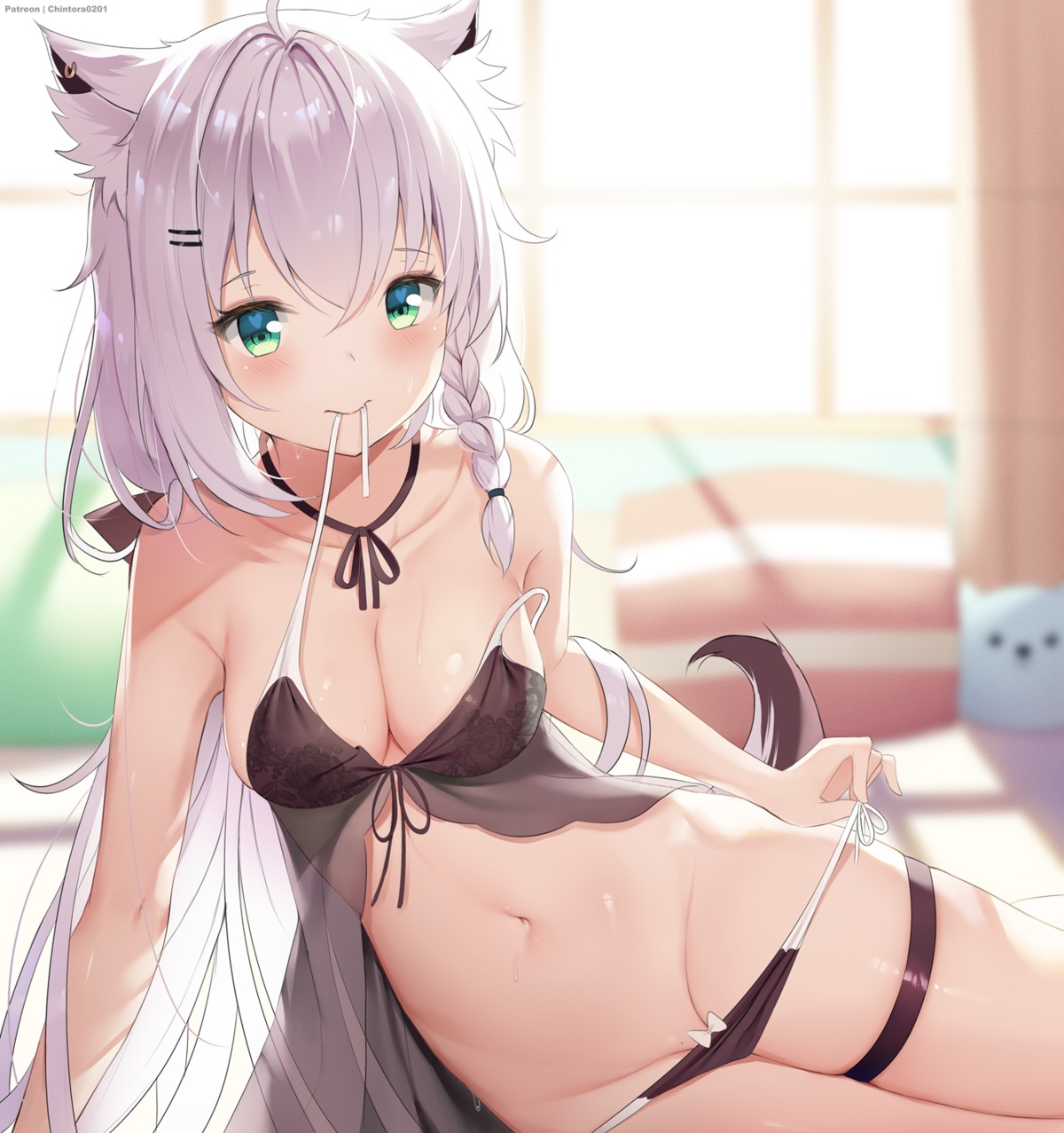 animal_ears bra chintora0201 cleavage garter hololive hololive_gamers kitsune lingerie pantsu panty_pull see_through shirakami_fubuki tail undressing