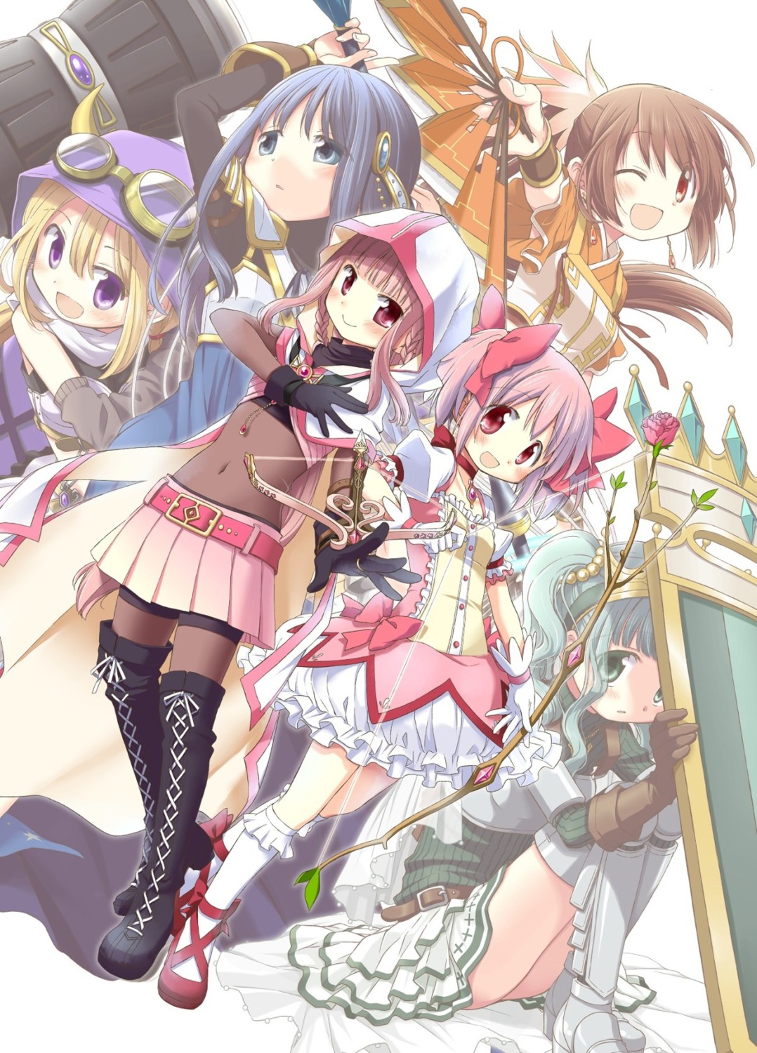 aoki_ume armor bike_shorts bodysuit futaba_sana heels horns kaname_madoka magia_record:_mahou_shoujo_madoka_magica_gaiden megane mitsuki_felicia nanami_yachiyo puella_magi_madoka_magica see_through tamaki_iroha thighhighs weapon yui_tsuruno