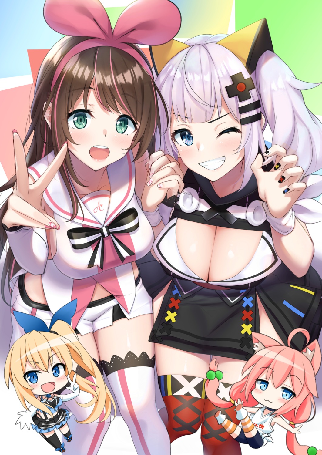 a.i._channel animal_ears chibi cleavage crossover hinata_channel kaguya_luna kizuna_ai mirai_akari mirai_akari_project mirea nekomiya_hinata stockings the_moon_studio thighhighs