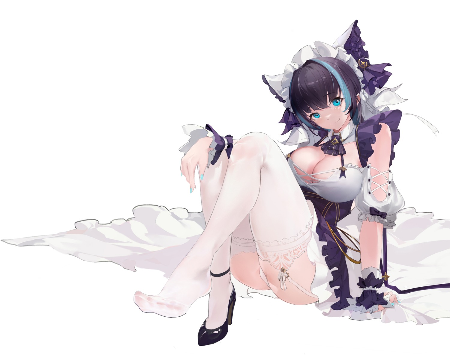 azur_lane cheshire_(azur_lane) feet heels maid no_bra pantsu skirt_lift stockings thighhighs thong zhima