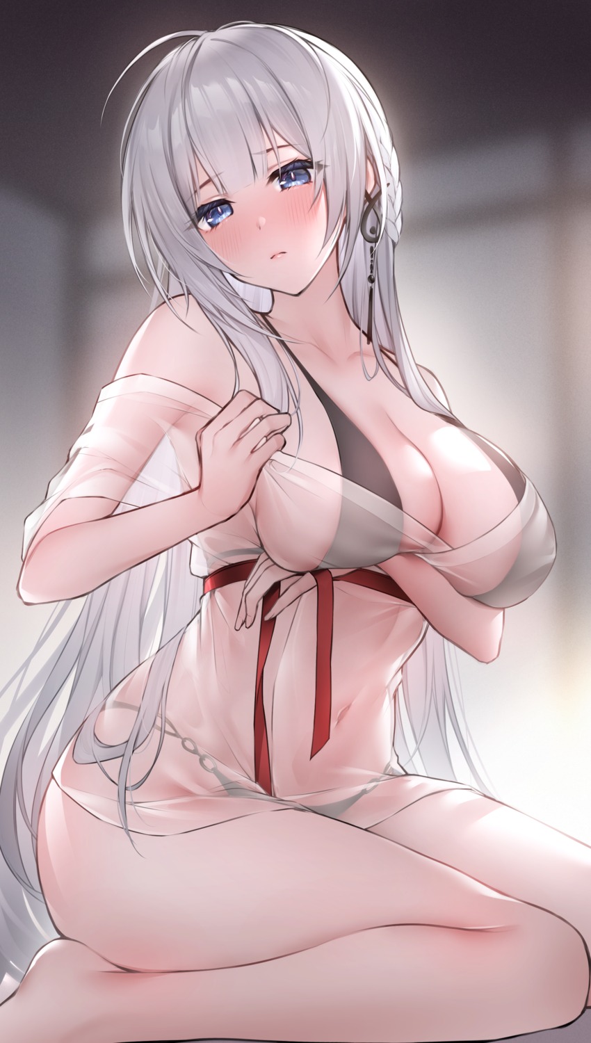 azur_lane bra breast_hold mainz_(azur_lane) open_shirt oyuwari pantsu see_through undressing