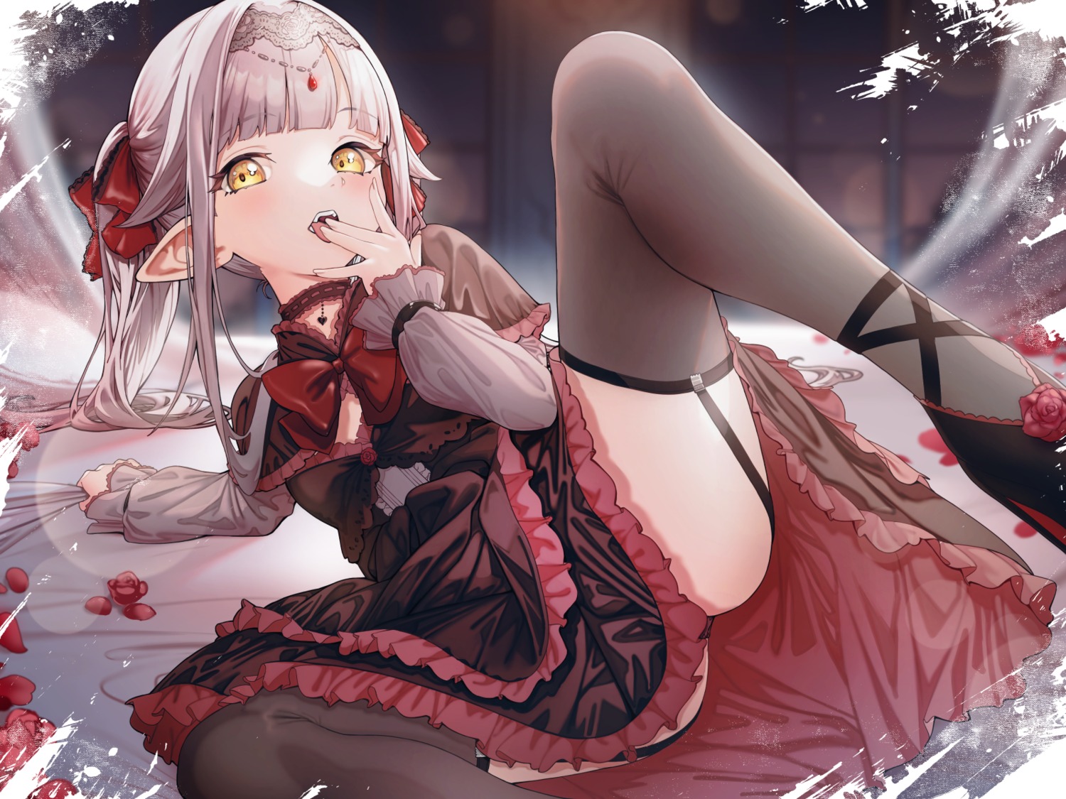 atagumo_yuba loli lolita_fashion pantsu pointy_ears skirt_lift stockings thighhighs wallpaper