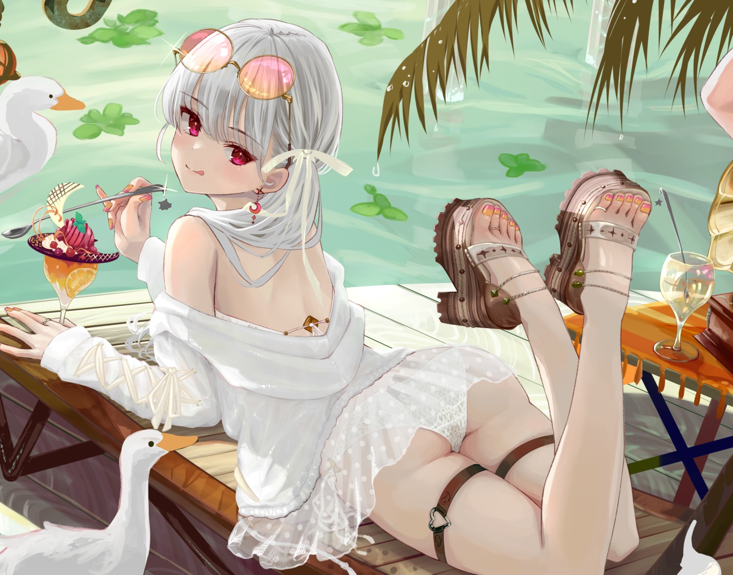 ass bikini garter heels ito_lab megane open_shirt see_through skirt_lift swimsuits