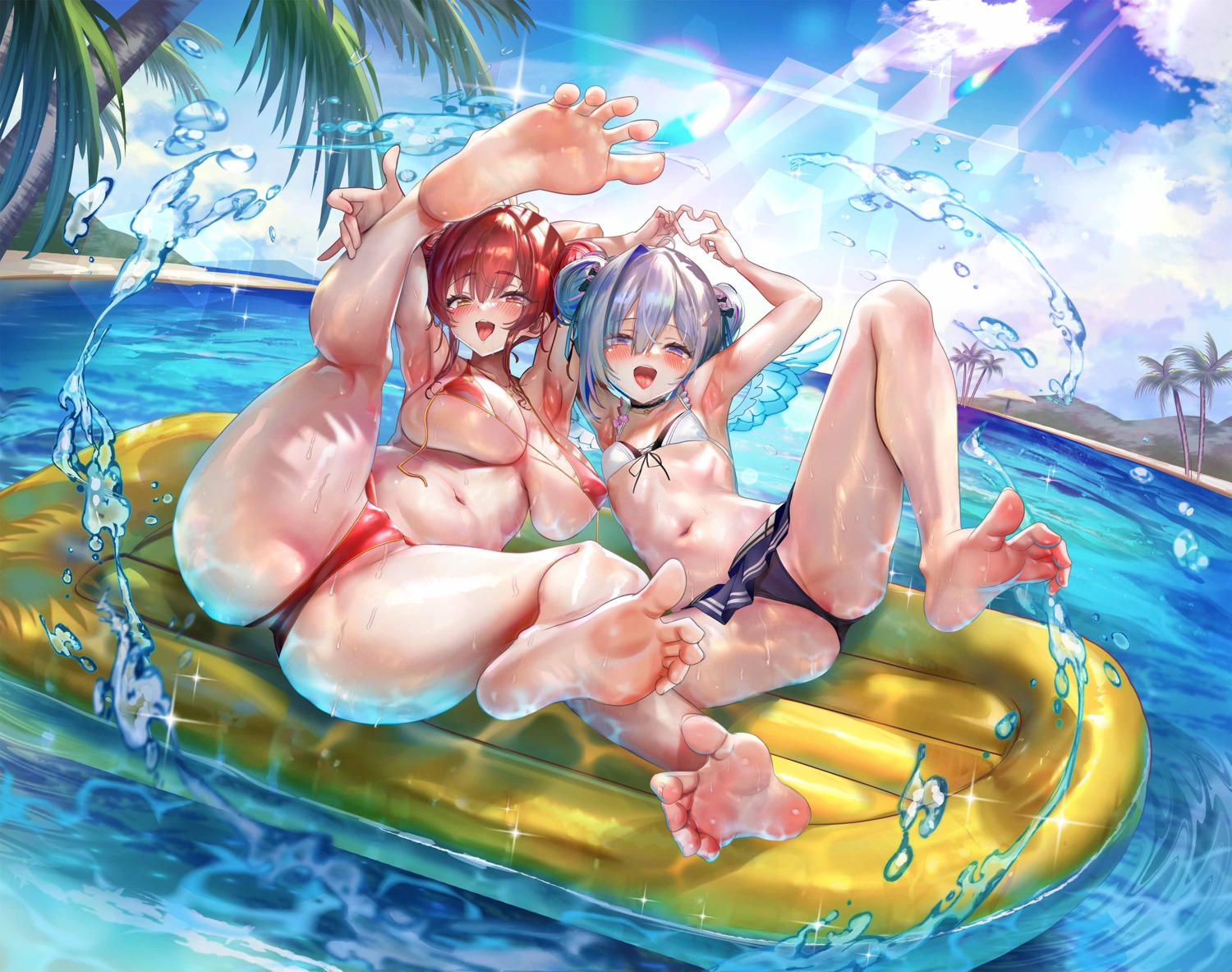 amane_kanata bikini cameltoe feet heterochromia hololive houshou_marine jagoo loli swimsuits thong wings