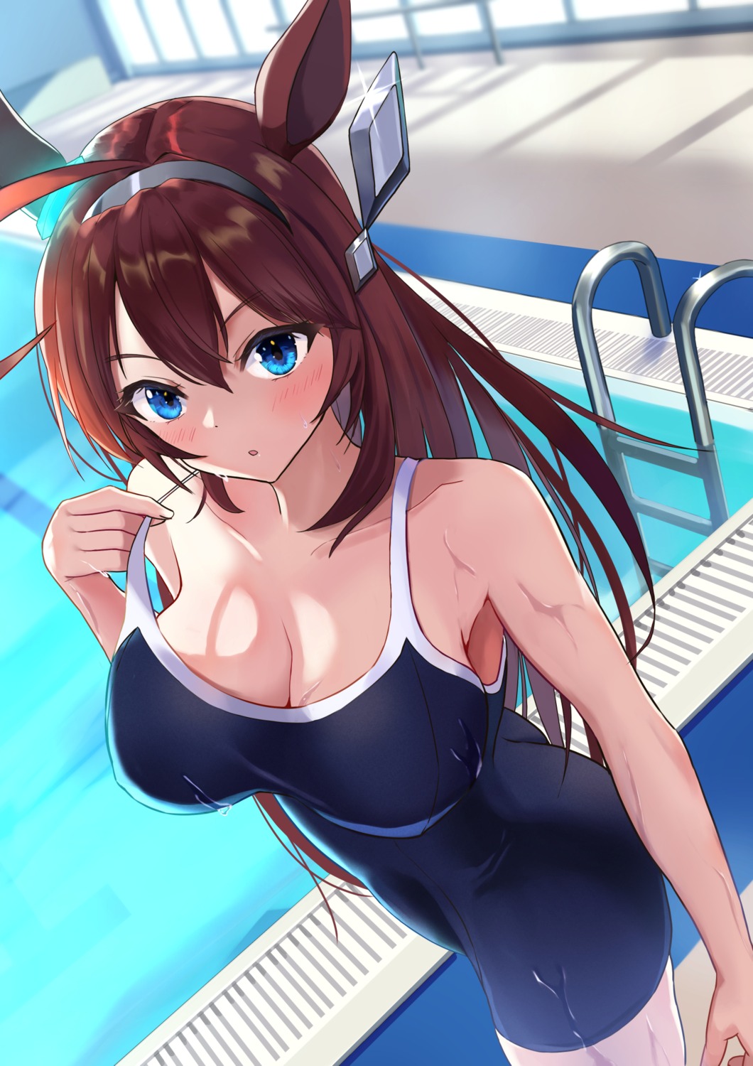 animal_ears cleavage may9 mihono_bourbon_(umamusume) school_swimsuit swimsuits uma_musume_pretty_derby undressing