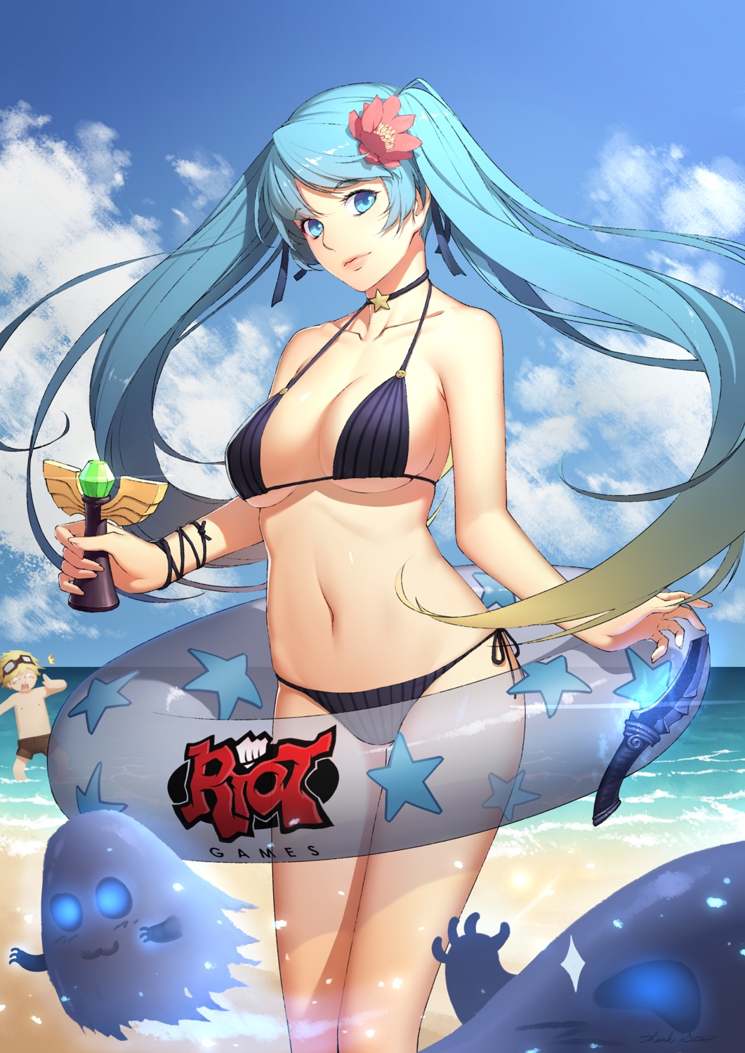 bikini cleavage ezreal league_of_legends sona_buvelle swimsuits thank_star underboob weapon