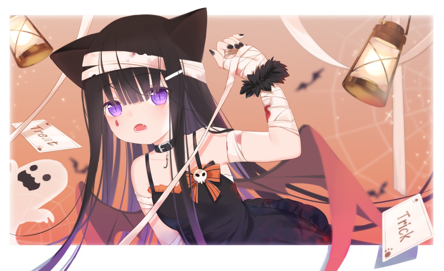 animal_ears bandages blood dress fufumi halloween nekomimi skirt_lift wings