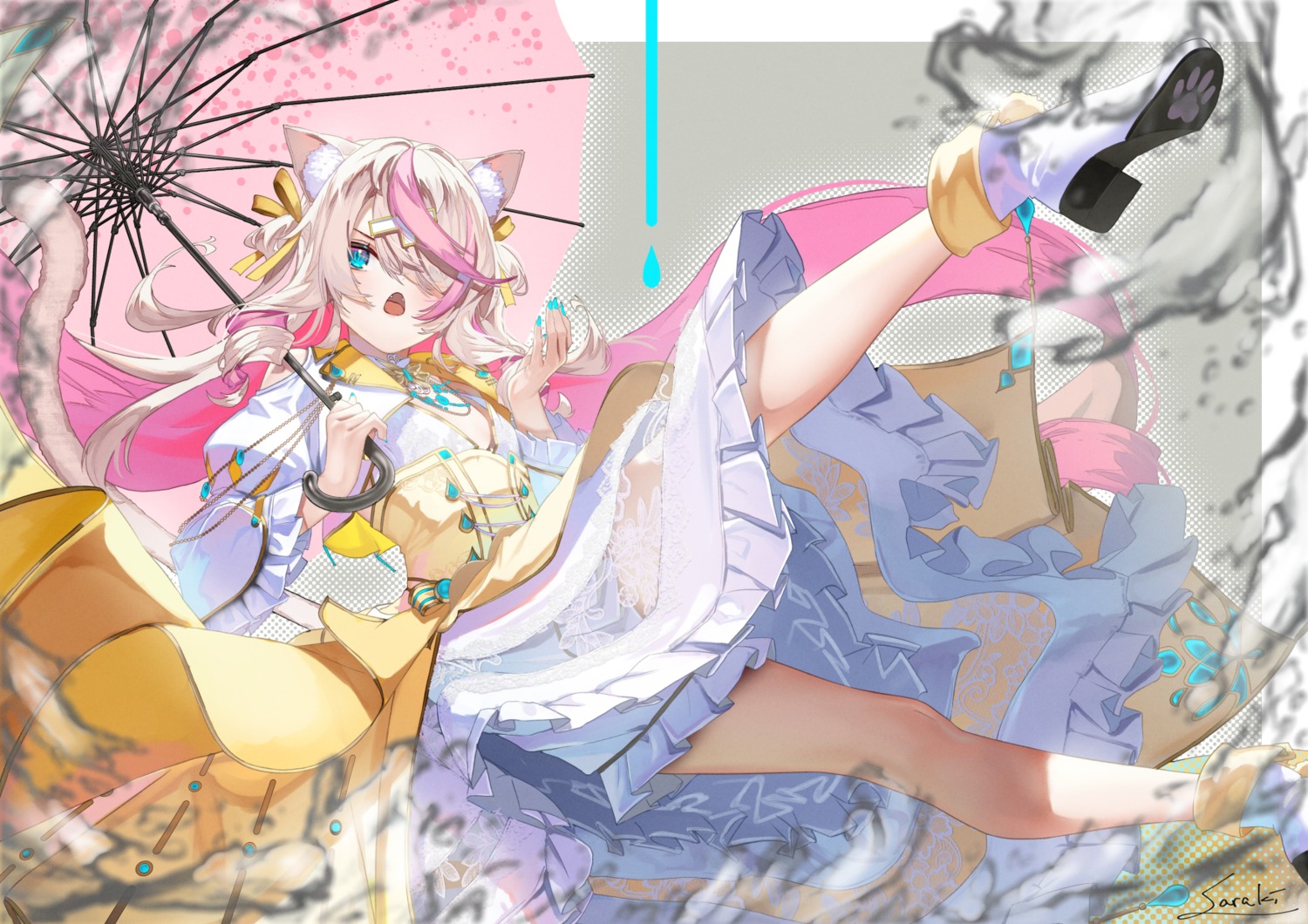 animal_ears dress nekomimi see_through skirt_lift tagme tail umbrella