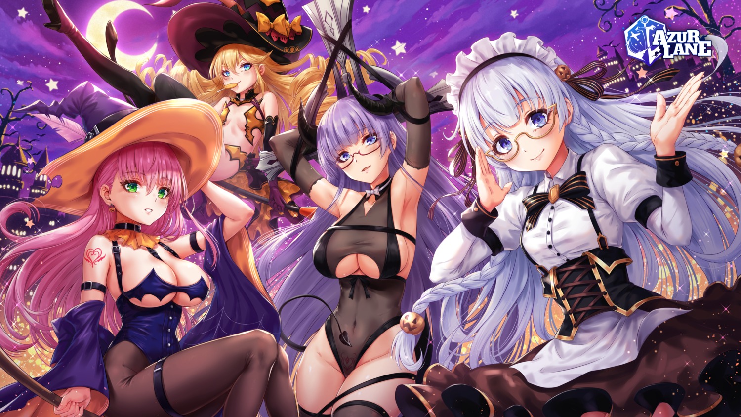 sakiyamama azur lane edinburgh (azur lane) gneisenau (azur lane) memphis (azur  lane) smalley (azur lane) cleavage garter halloween heels horns leotard  maid megane no bra pantyhose see through tail tattoo thighhighs underboob