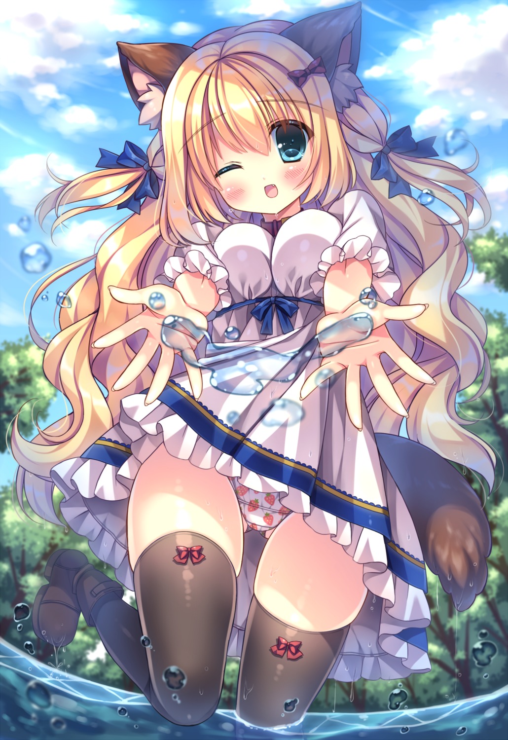 animal_ears dress kotamaru pantsu skirt_lift tail thighhighs wet