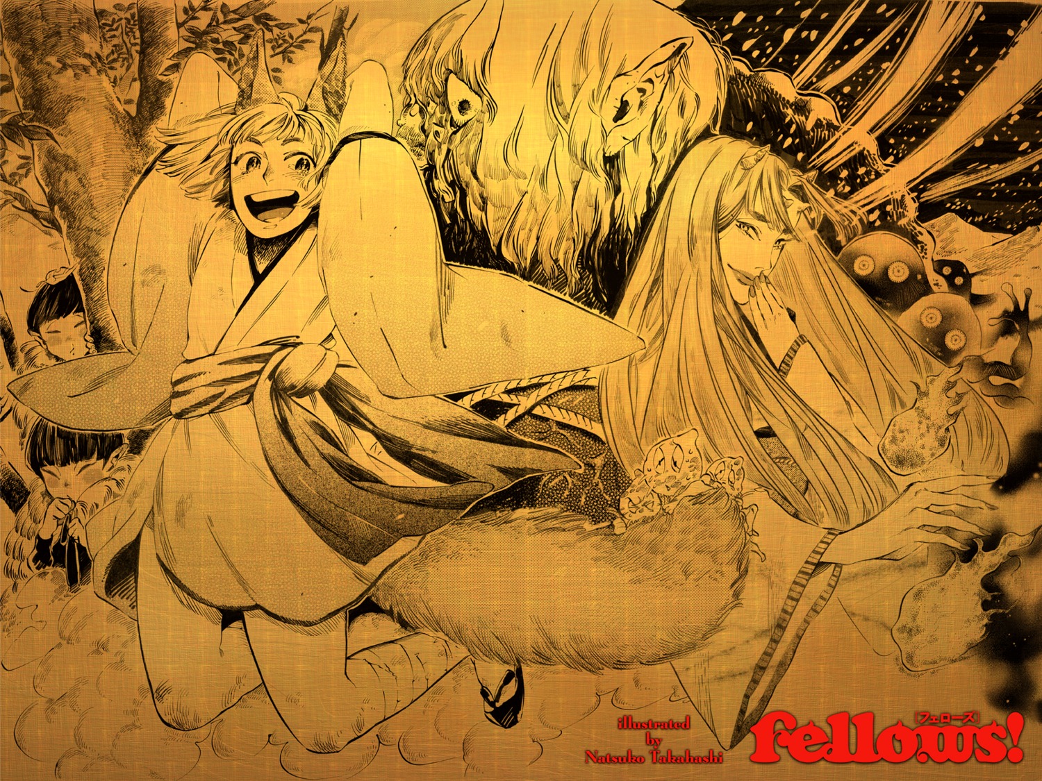 animal_ears fellows! horns japanese_clothes monochrome tail takahashi_natsuko wallpaper