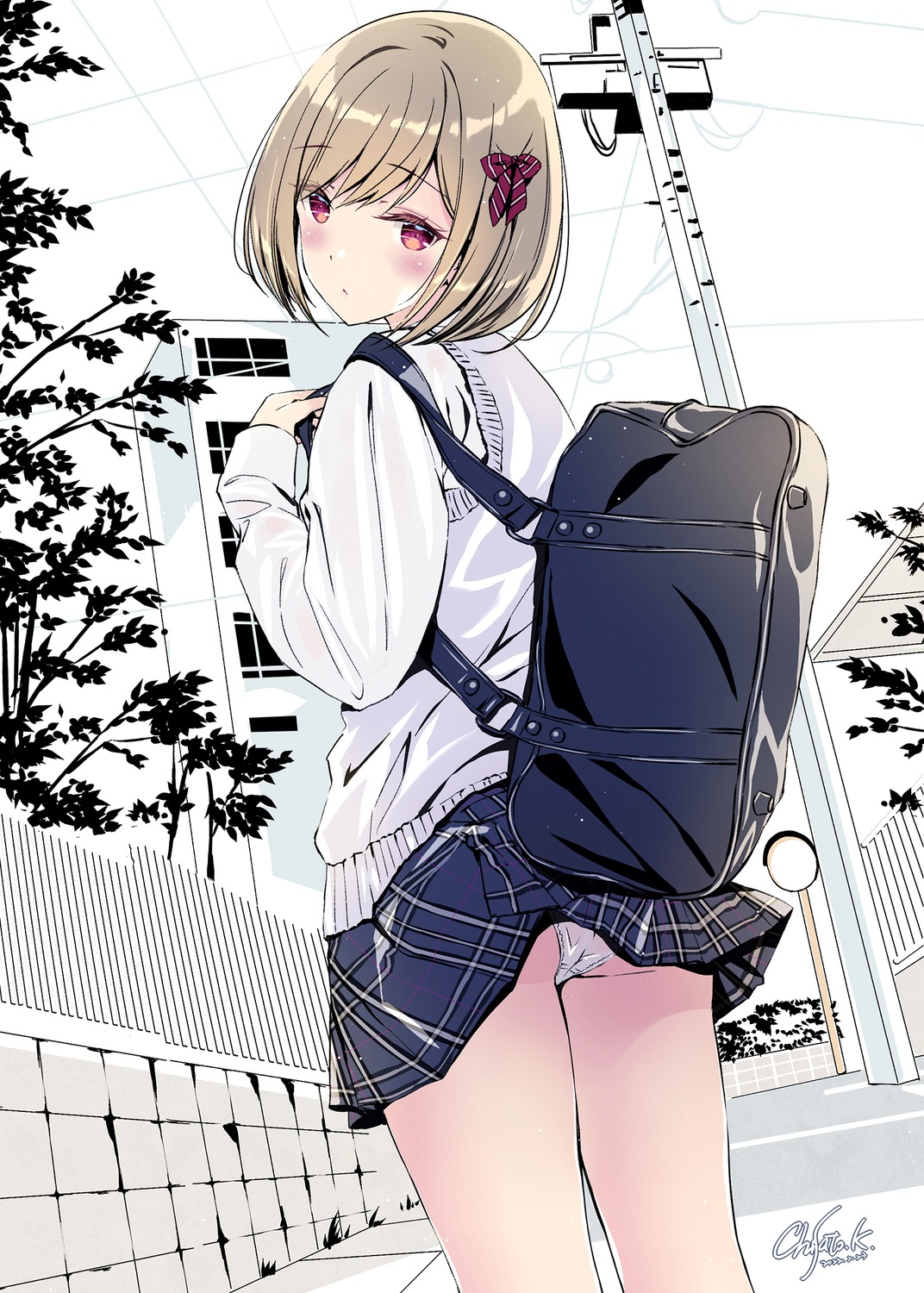 ass kobayashi_chisato pantsu seifuku shishunki_complex skirt_lift suou_sakura sweater