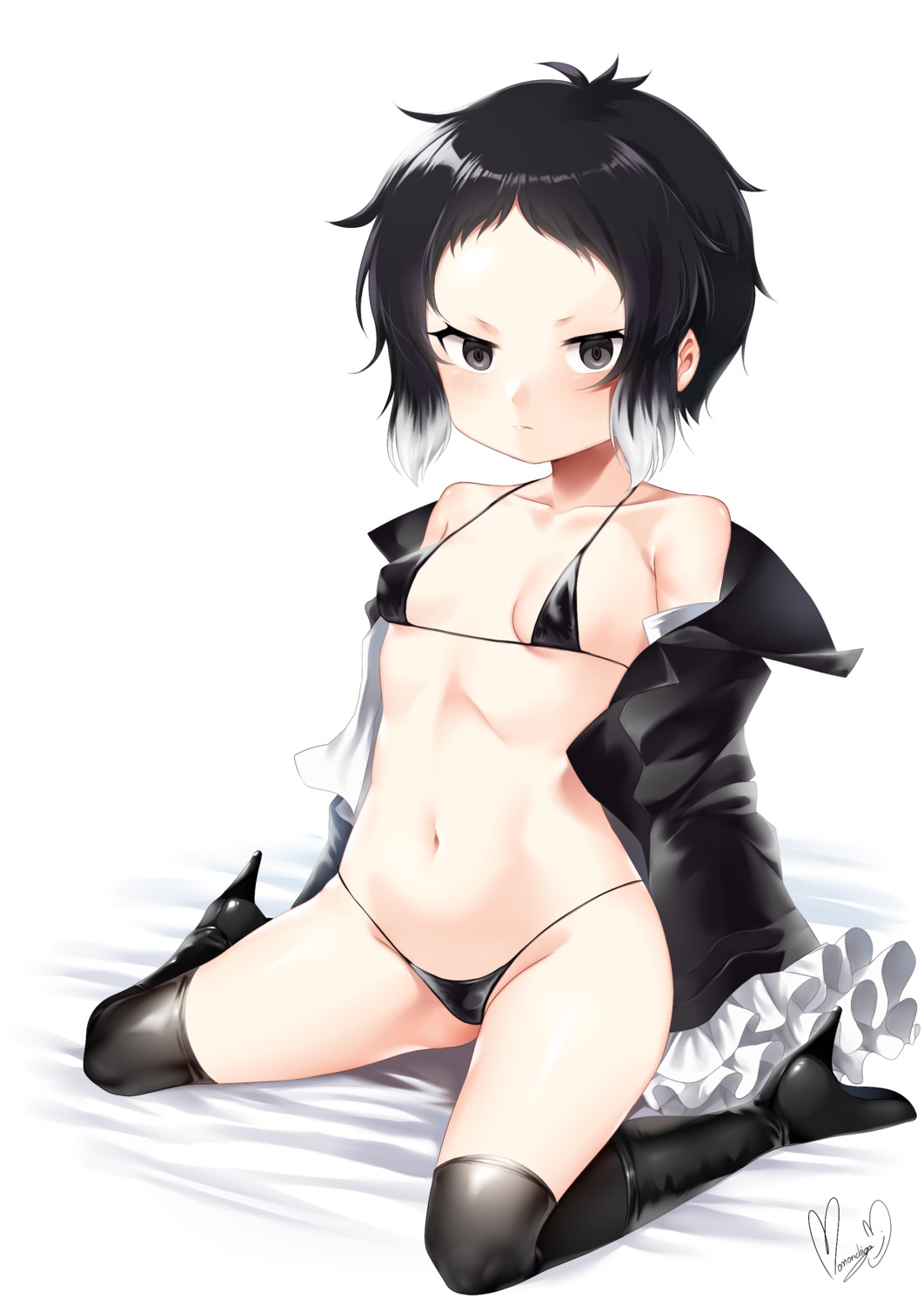 akutagawa_ryunousuke bikini bungou_stray_dogs erect_nipples genderswap loli momonchiga open_shirt swimsuits thighhighs