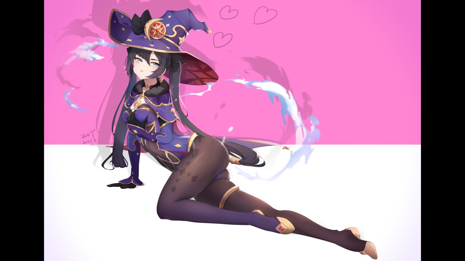 breast_hold garter genshin_impact heels leotard mona_megistus no_bra pantyhose witch zny