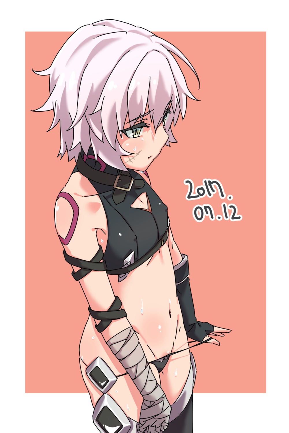 bandages erect_nipples fate/grand_order jack_the_ripper karahai pantsu panty_pull tattoo thighhighs undressing