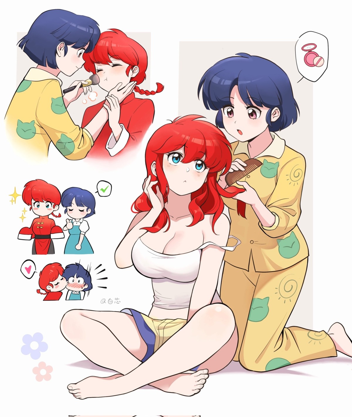 asian_clothes bai_xin chibi genderswap no_bra pajama ranma_½ saotome_ranma tendou_akane