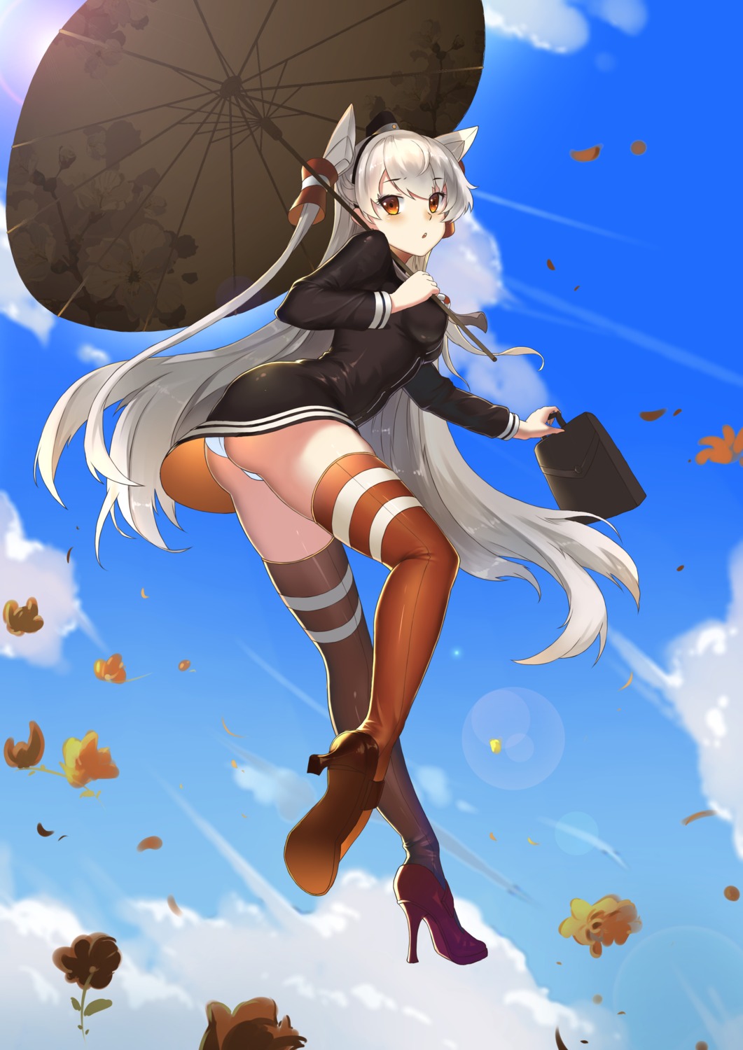 amatsukaze_(kancolle) ass heels kantai_collection pantsu sunshine thighhighs umbrella