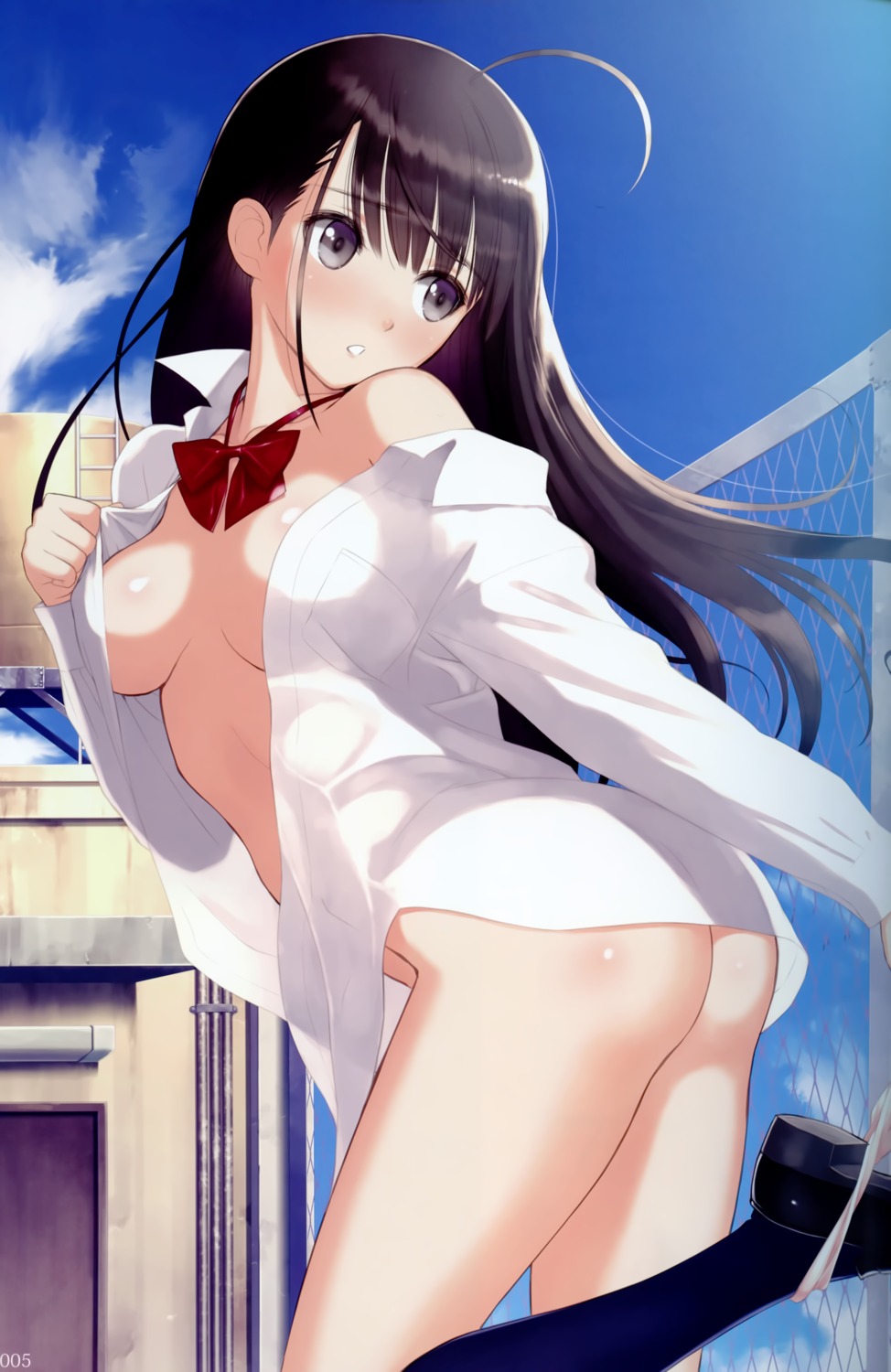 ass cleavage dress_shirt erect_nipples no_bra open_shirt pantsu panty_pull seifuku tony_taka undressing