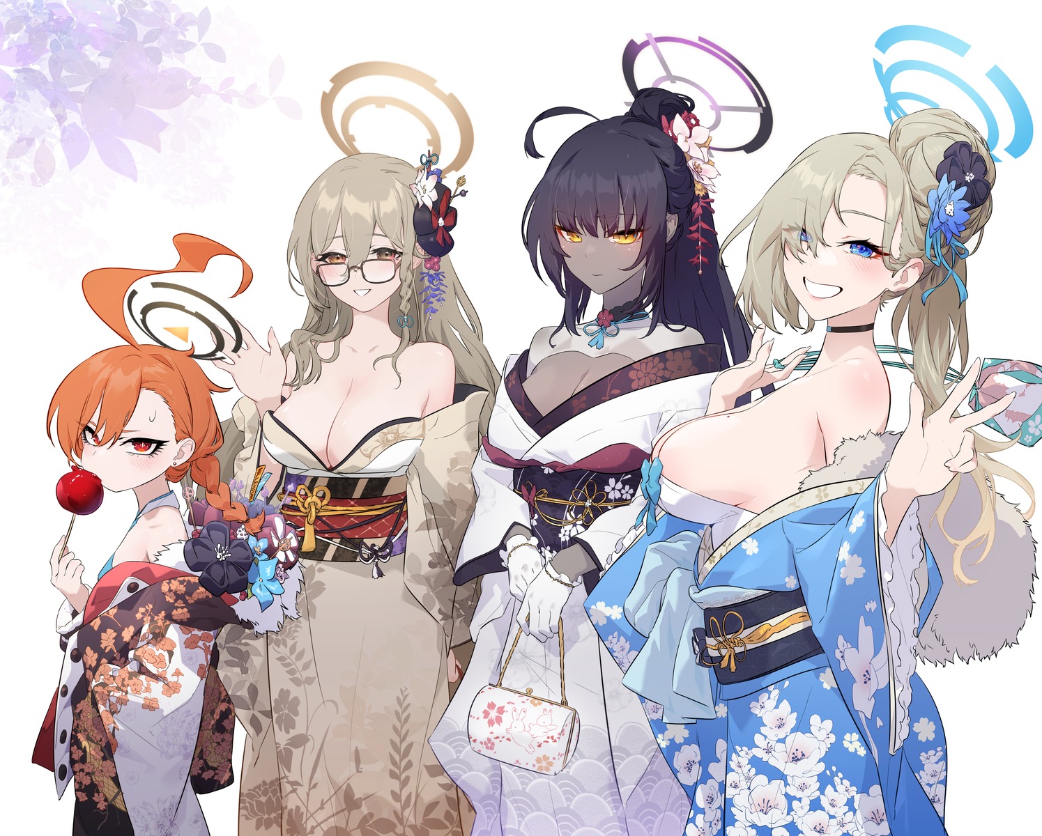 blue_archive cleavage halo ichinose_asuna jjjsss kakudate_karin kimono loli megane mikamo_neru murokasa_akane no_bra open_shirt