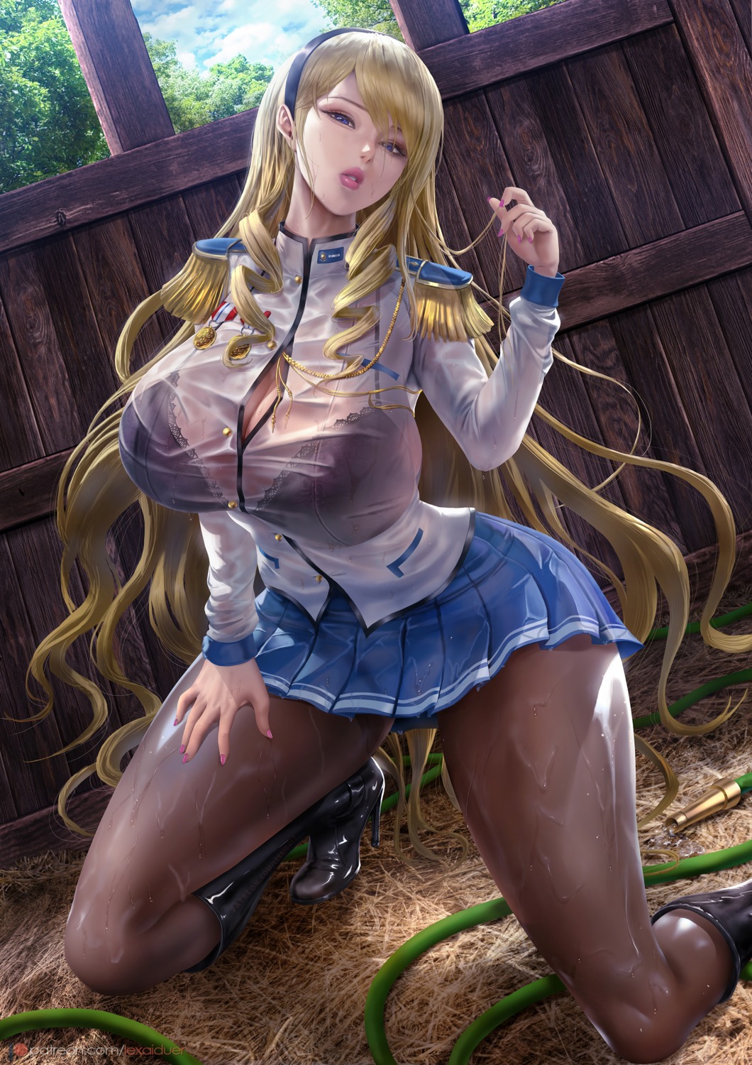 bra celia_cumani_aintree cleavage heels lexaiduer open_shirt pantyhose see_through uniform walkure_romanze wet wet_clothes