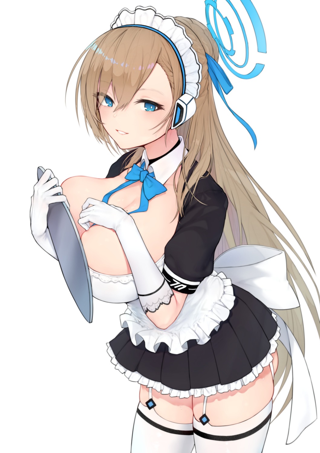 blue_archive breast_hold grain halo ichinose_asuna maid no_bra stockings thighhighs