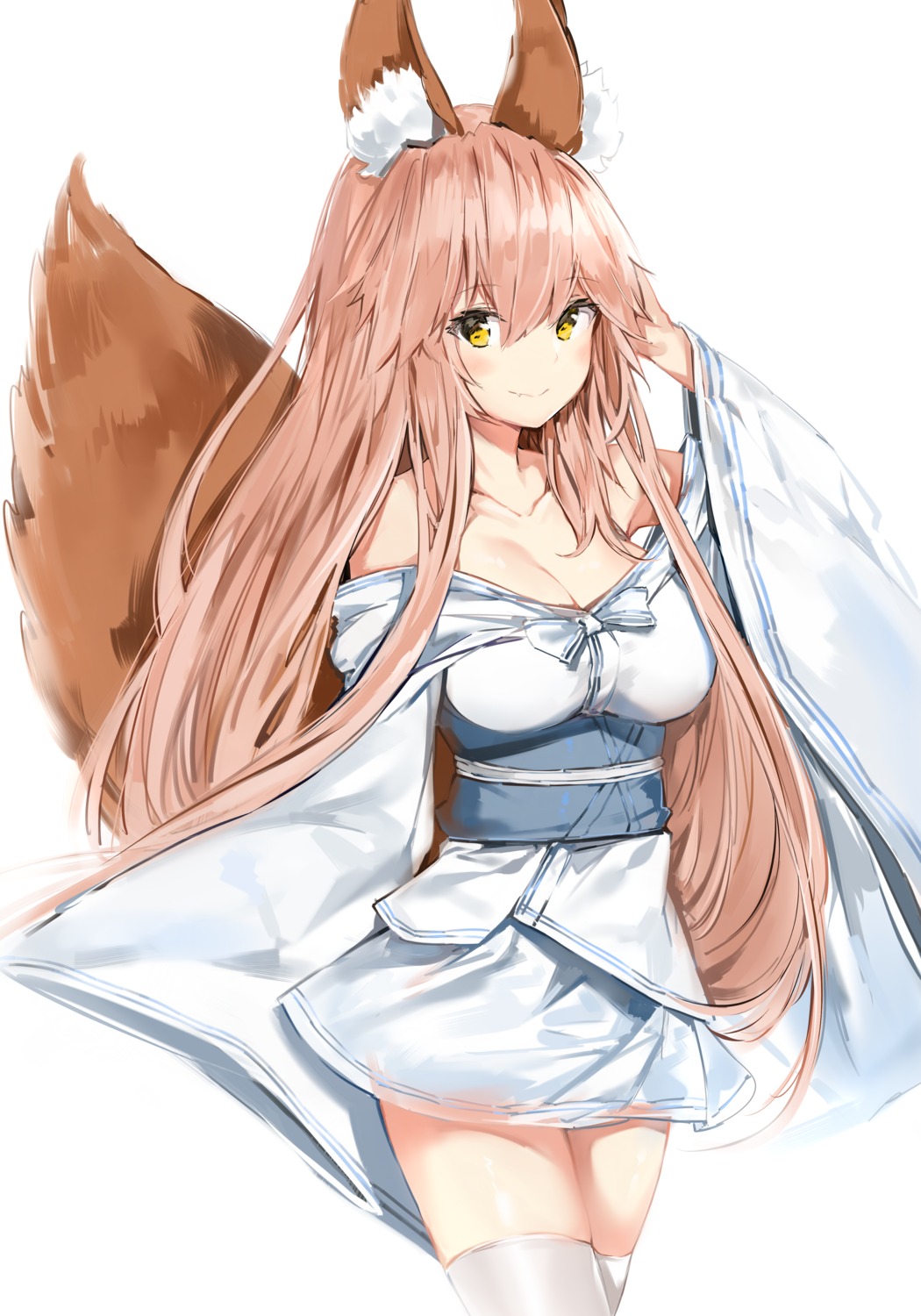 animal_ears cleavage fate/extra fate/stay_night japanese_clothes kitsune silver_(chenwen) tail tamamo_no_mae thighhighs