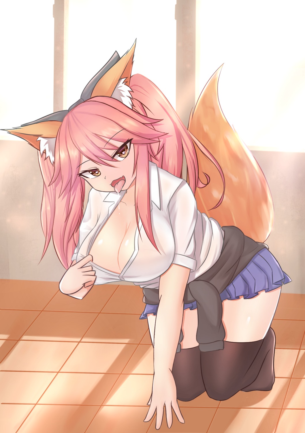 animal_ears fate/grand_order jifuwabe kitsune no_bra open_shirt see_through seifuku sweater tail tamamo_no_mae thighhighs undressing