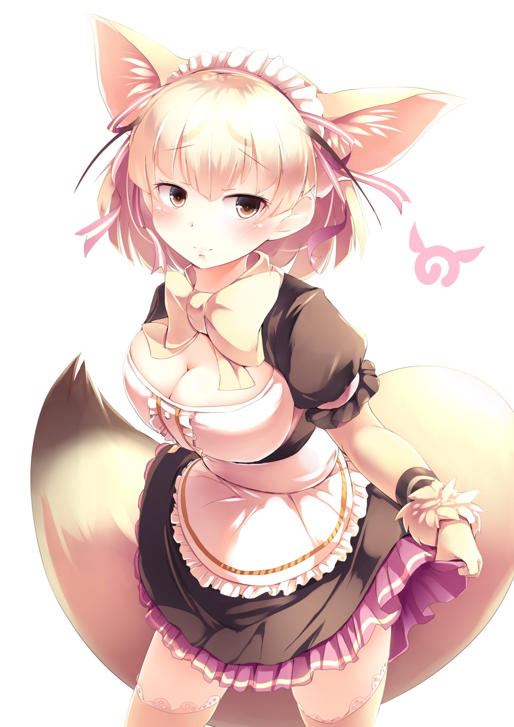 animal_ears cleavage fennec_(kemono_friends) kanzakietc kemono_friends maid skirt_lift tail thighhighs