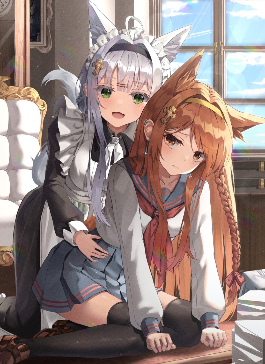 animal_ears kerno maid nekomimi seifuku tail thighhighs