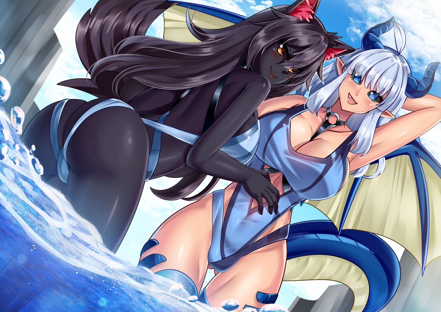 animal_ears ass horns iryl monster_girl pointy_ears swimsuits tail wataponno wet wings
