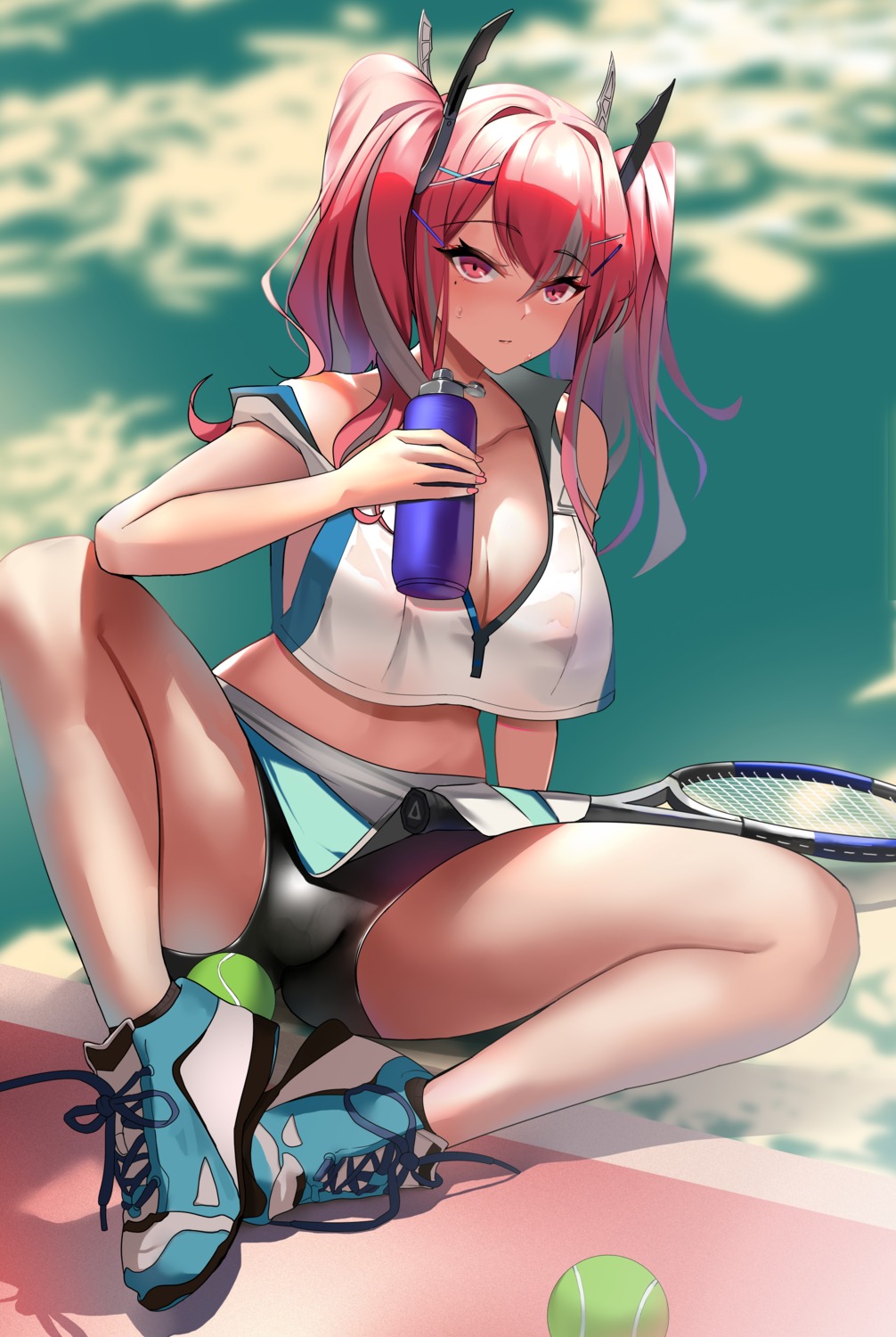 asuo azur_lane bremerton_(azur_lane) no_bra see_through skirt_lift tennis wet_clothes