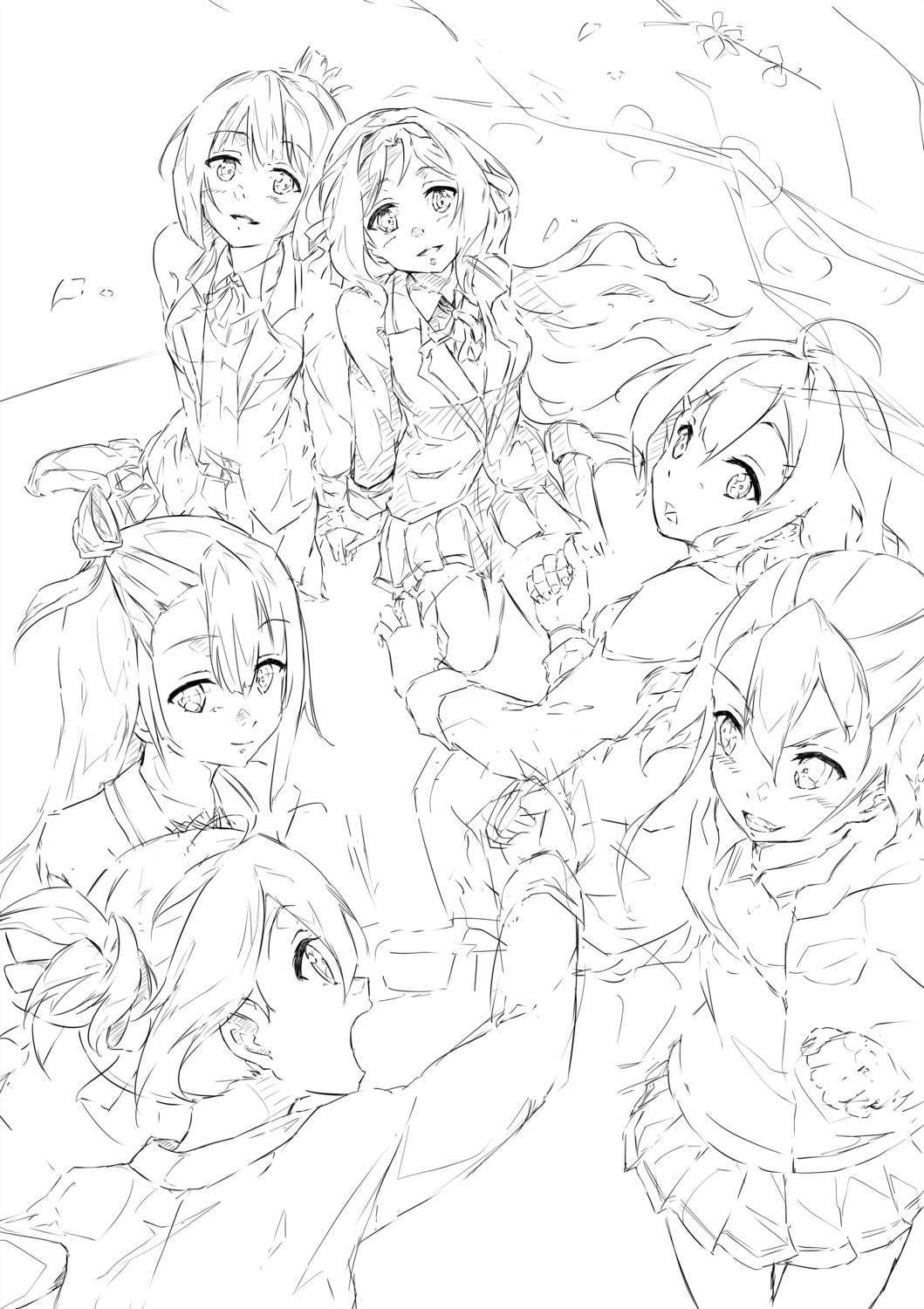 doi_tamako iyojima_anzu koori_chikage monochrome nogi_wakaba sakuria seifuku sketch takashima_yuuna yuuki_yuuna_wa_yuusha_de_aru