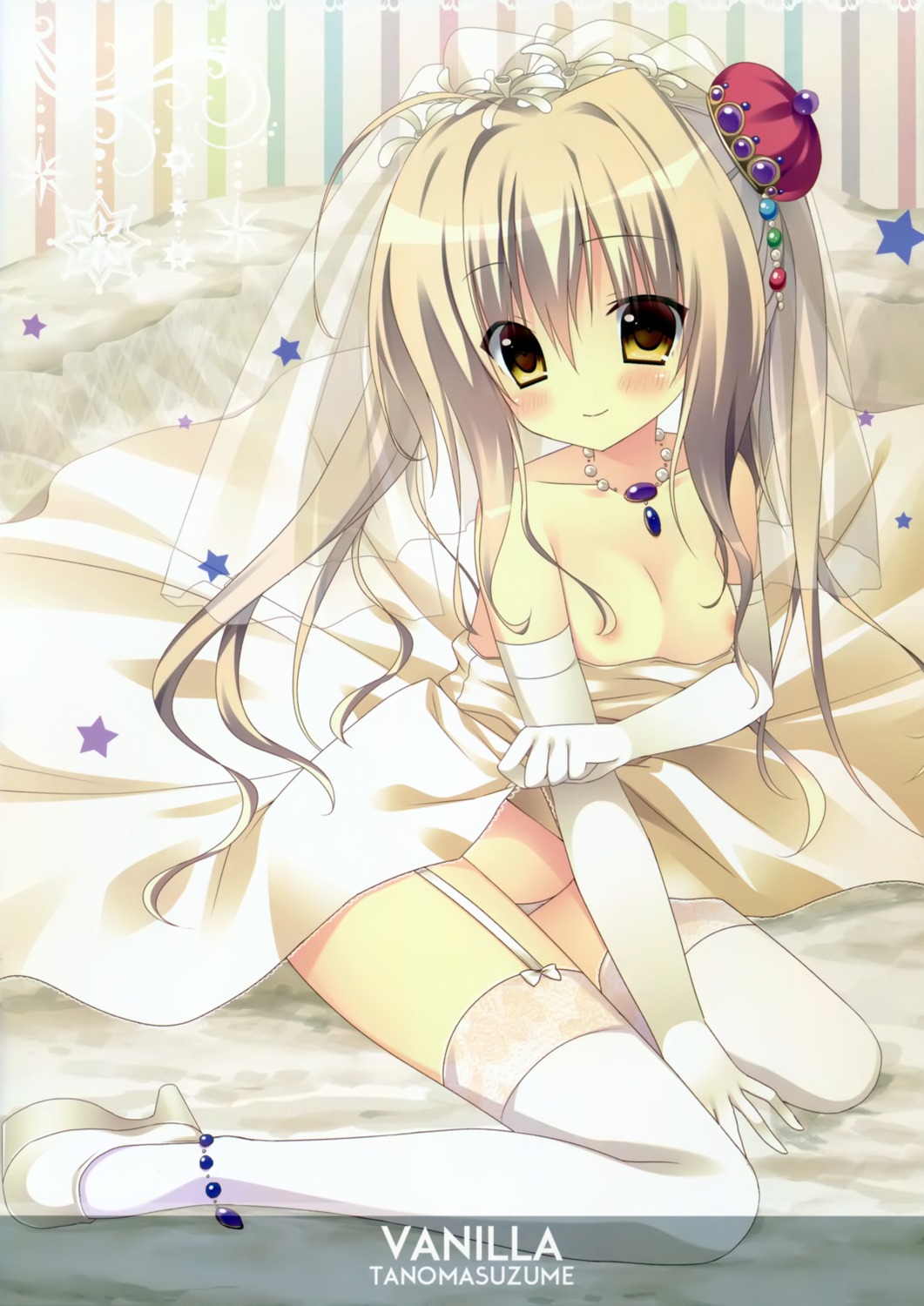 apupop areola breasts dress heels no_bra pantsu stockings tanoma_suzume thighhighs wedding_dress