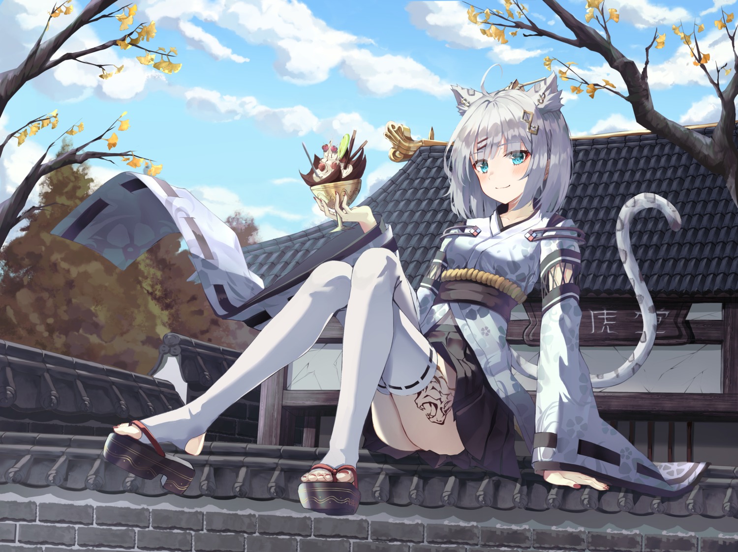 animal_ears japanese_clothes kerno nekomimi skirt_lift tail tattoo thighhighs