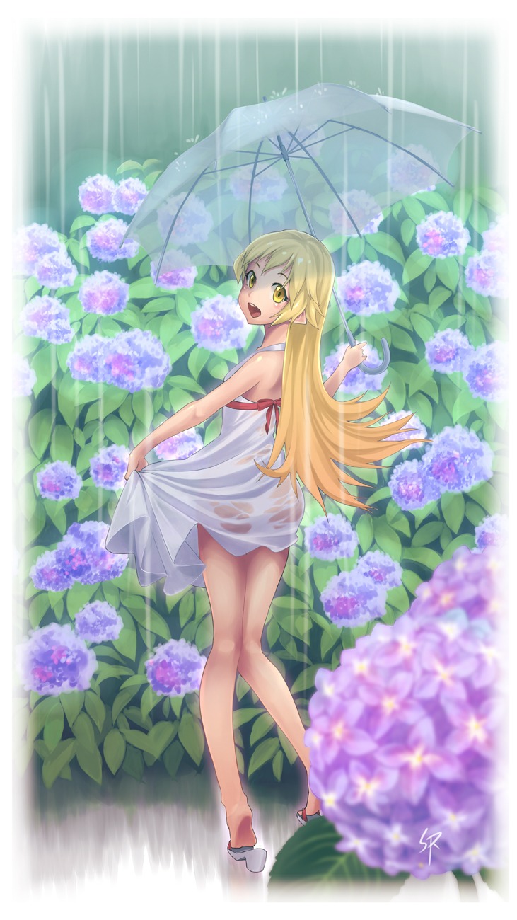 bakemonogatari dress loli monogatari_(series) nopan oshino_shinobu see_through shiro_ringo summer_dress wet_clothes