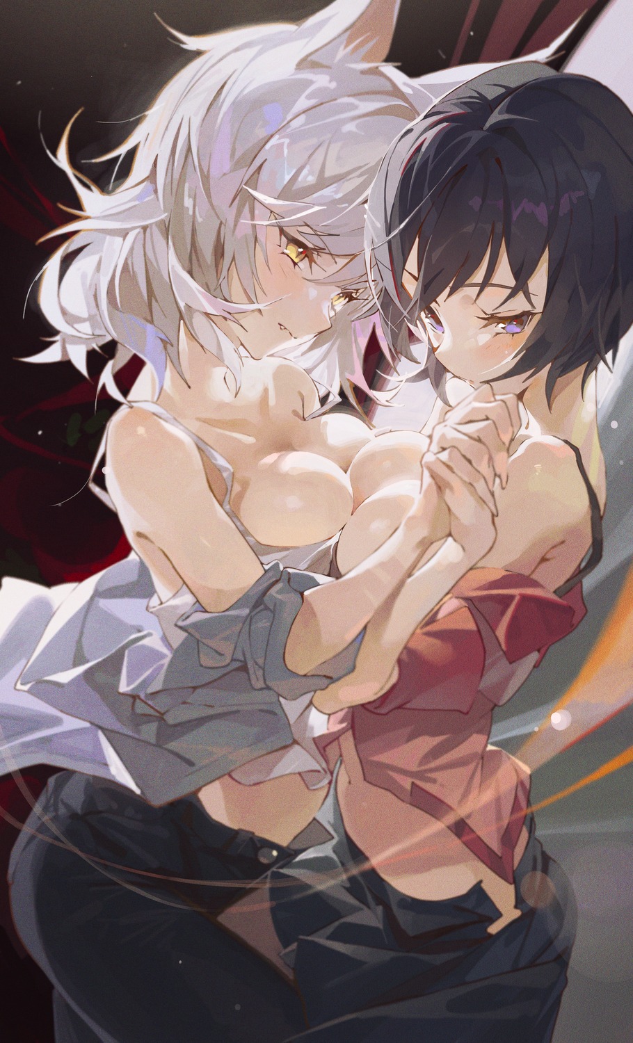 animal_ears bakemonogatari black_hanekawa hanekawa_tsubasa hong monogatari_(series) no_bra symmetrical_docking yuri