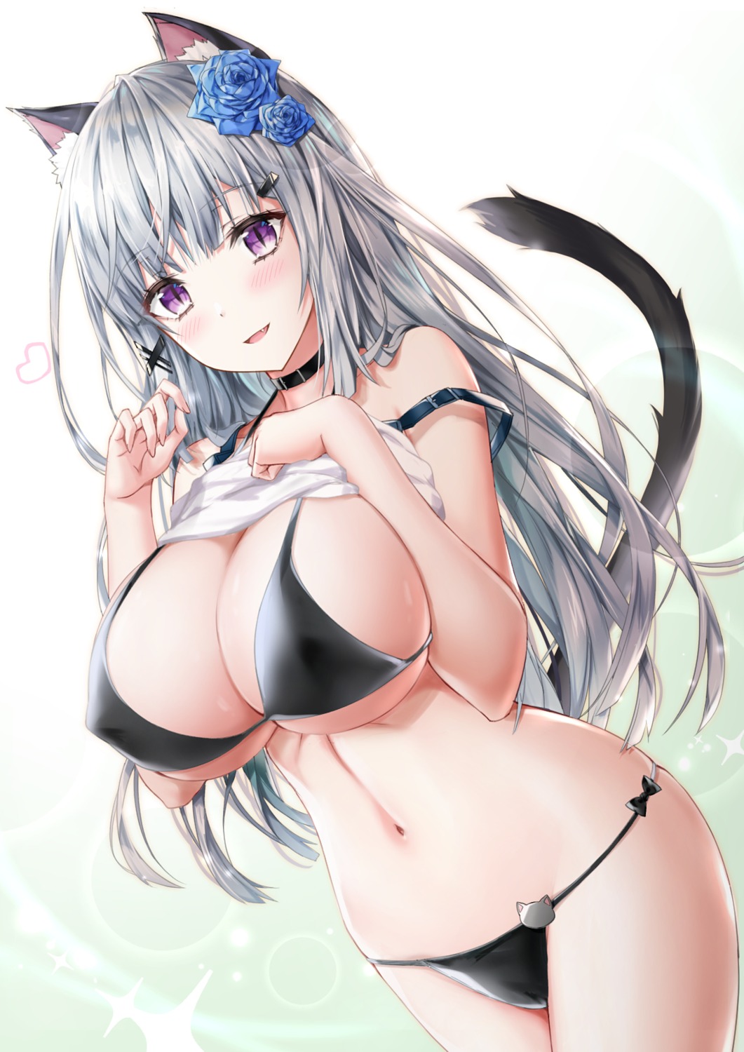 animal_ears bikini erect_nipples kyariko nekomimi shirt_lift swimsuits tail