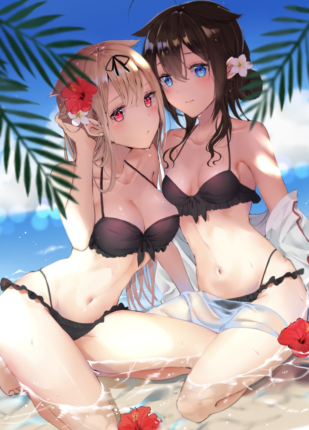 bikini cleavage kantai_collection kona_(mmmkona) open_shirt shigure_(kancolle) swimsuits wet yuudachi_(kancolle)